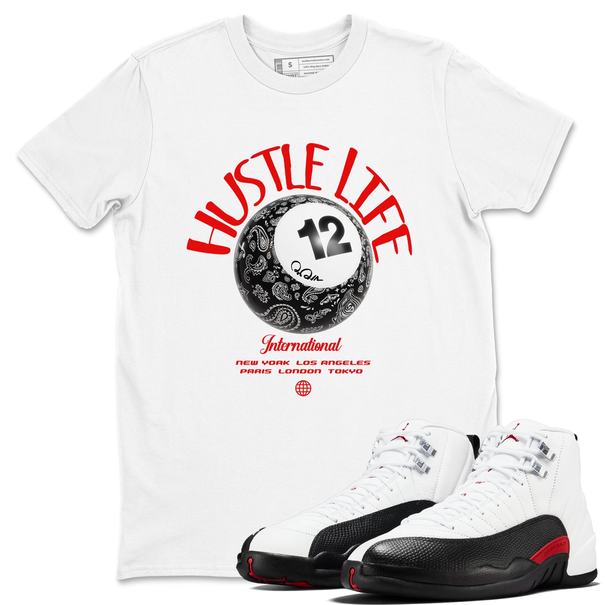 12s Taxi Flip shirts to match jordans Hustle Life sneaker match tees Air Jordan 12 Taxi Flip Drip Gear Zone streetwear brand White 1 unisex cotton tee