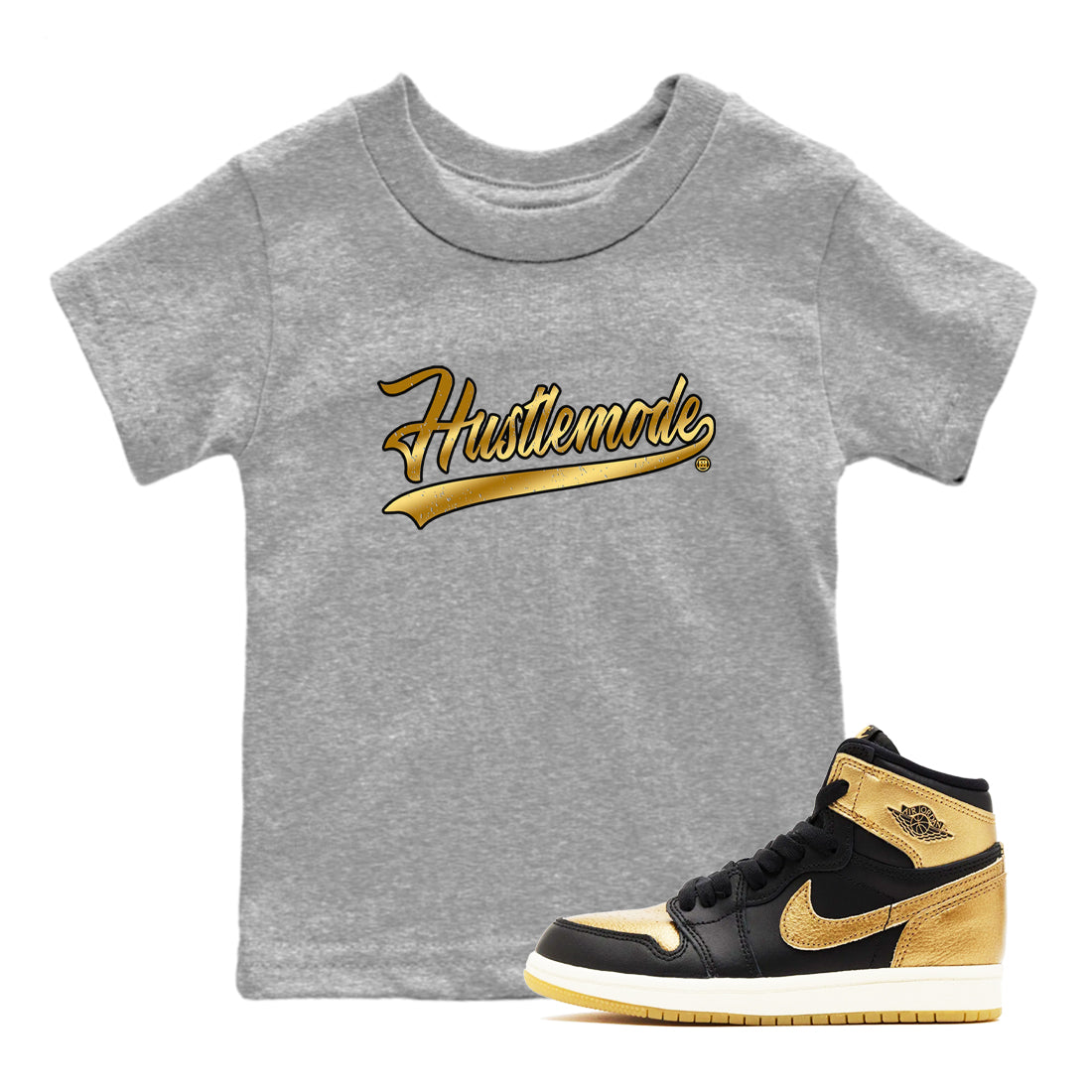 Air Jordan 1 High OG Black Metallic Gold shirts to match jordans Hustle Mode sneaker match tees Air Jordan 1 Retrp Black Metallic Gold Sneaker Shirts Drip Gear Zone streetwear brand Baby and Youth Heather Grey 1 cotton tee