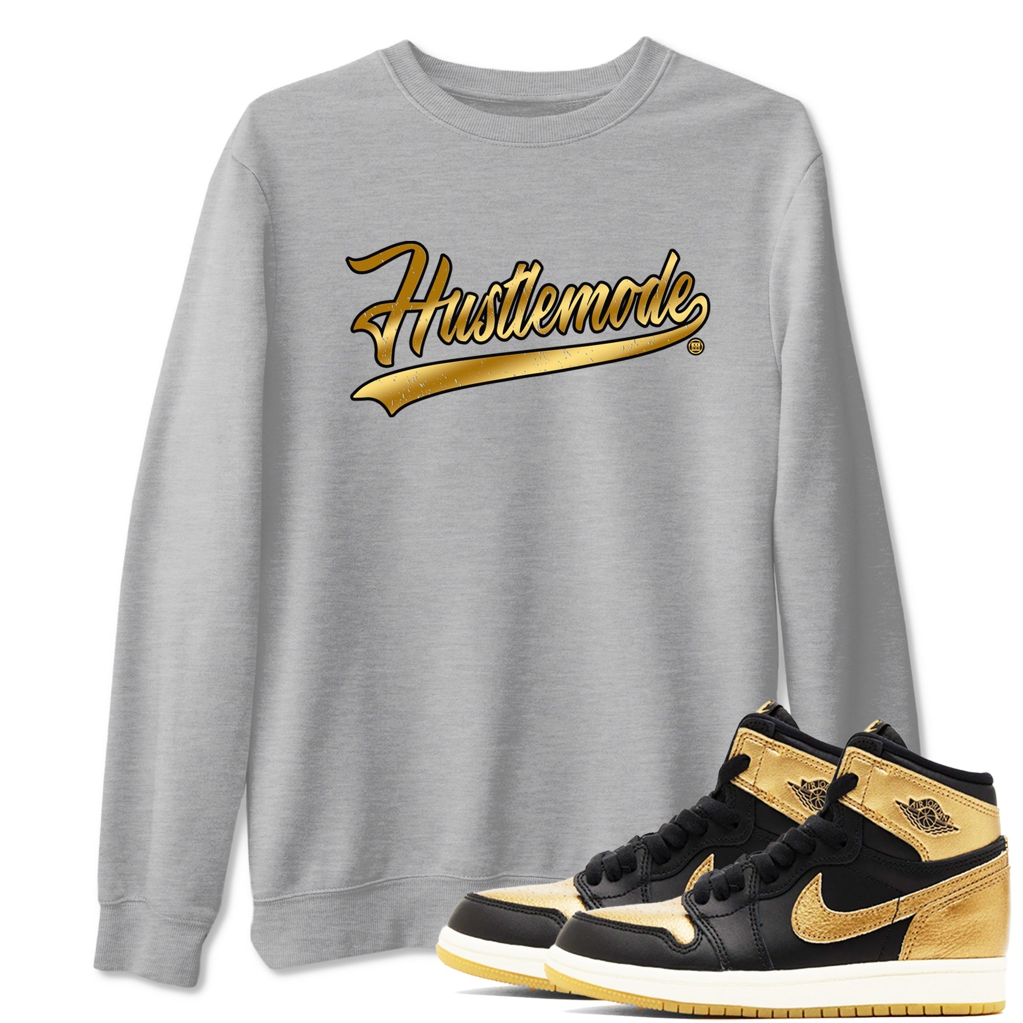Air Jordan 1 High OG Black Metallic Gold shirts to match jordans Hustle Mode sneaker match tees Air Jordan 1 Retrp Black Metallic Gold Sneaker Shirts Drip Gear Zone streetwear brand Heather Grey 1 unisex cotton tee