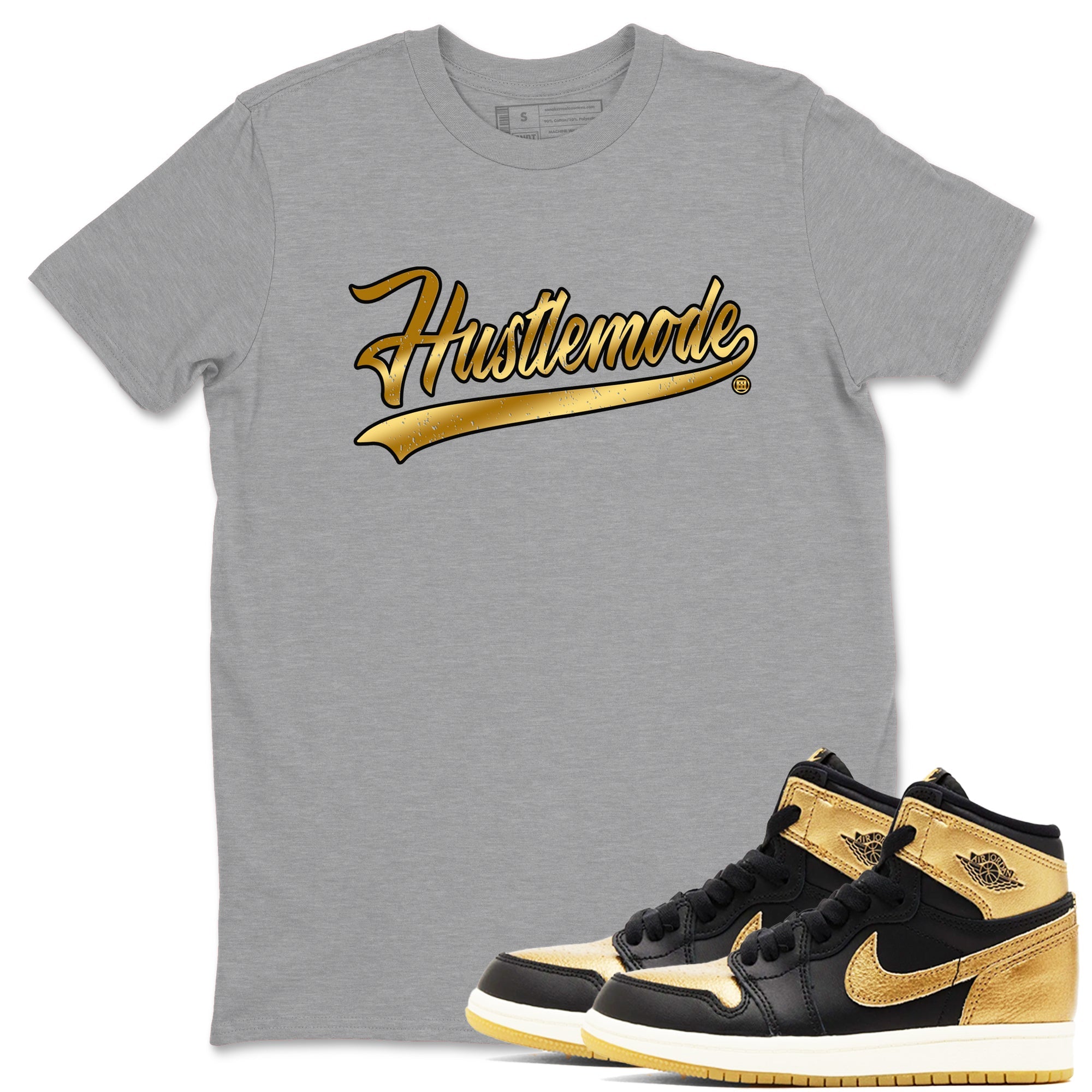 Air Jordan 1 High OG Black Metallic Gold shirts to match jordans Hustle Mode sneaker match tees Air Jordan 1 Retrp Black Metallic Gold Sneaker Shirts Drip Gear Zone streetwear brand Heather Grey 1 unisex cotton tee