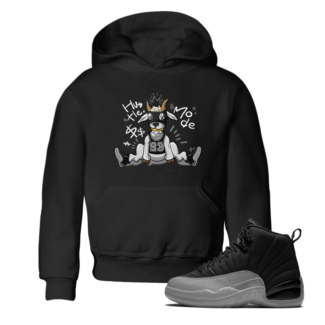 12s Black Wolf Grey shirts to match jordans Hustle Mode sneaker match tees Air Jordan 12 Black Wolf Grey match shoes to clothes Drip Gear Zone Youth Baby Black 1 tee