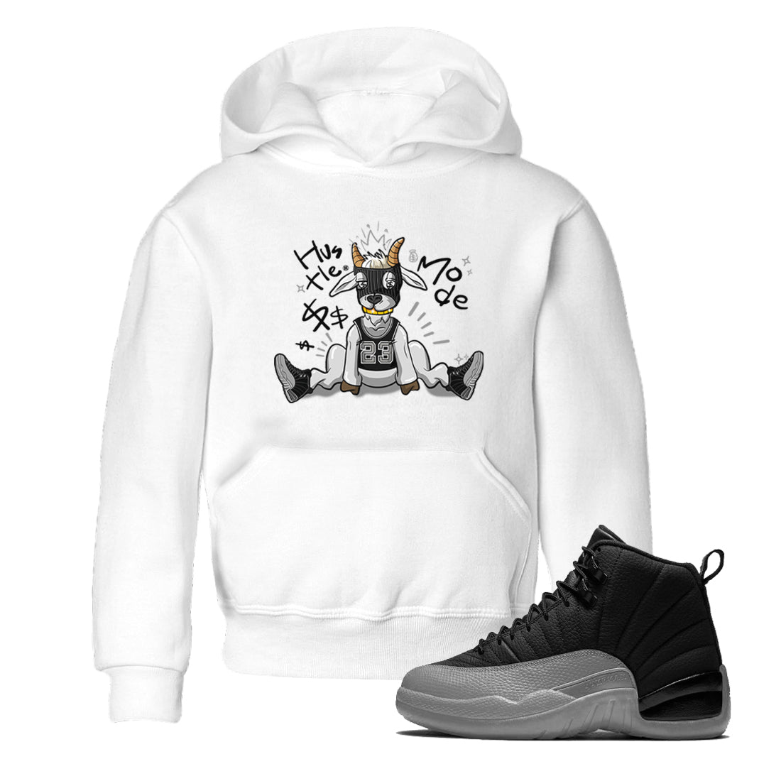 12s Black Wolf Grey shirts to match jordans Hustle Mode sneaker match tees Air Jordan 12 Black Wolf Grey match shoes to clothes Drip Gear Zone Youth Baby White 1 tee