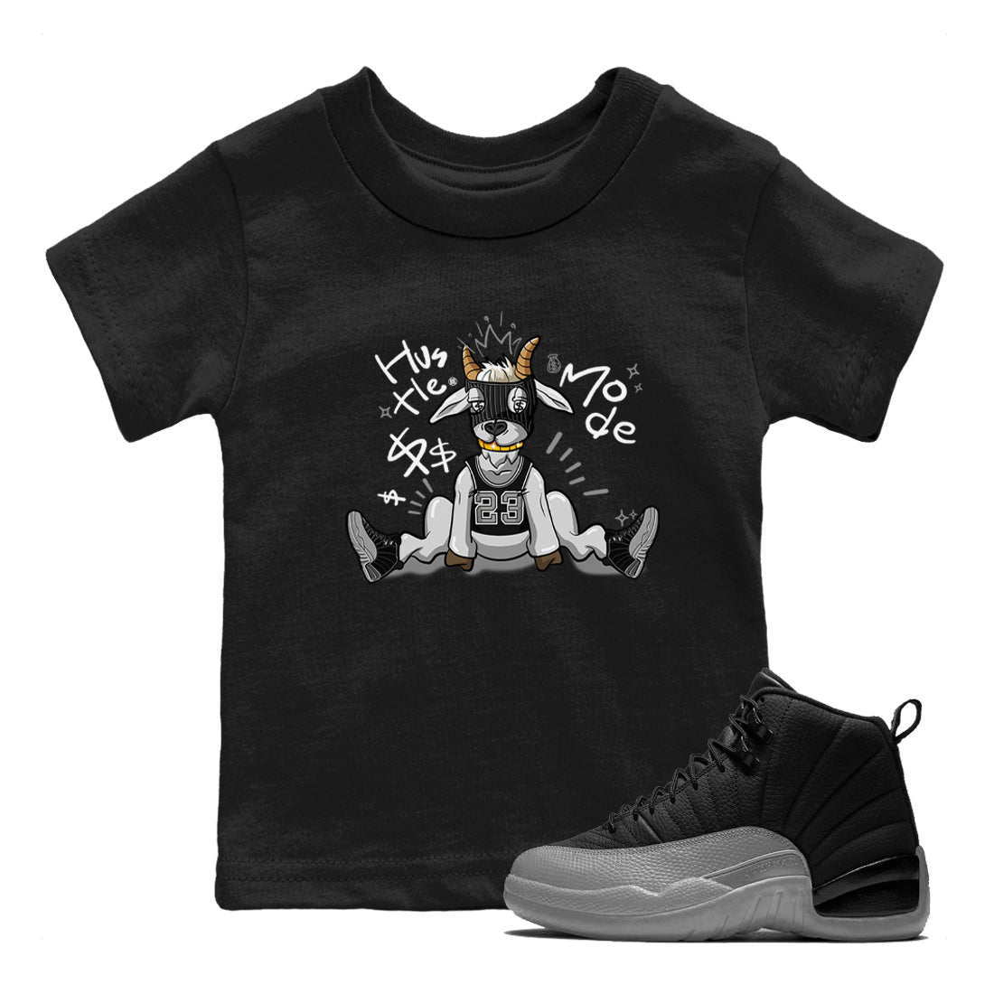 12s Black Wolf Grey shirts to match jordans Hustle Mode sneaker match tees Air Jordan 12 Black Wolf Grey match shoes to clothes Drip Gear Zone Youth Baby Black 1 tee