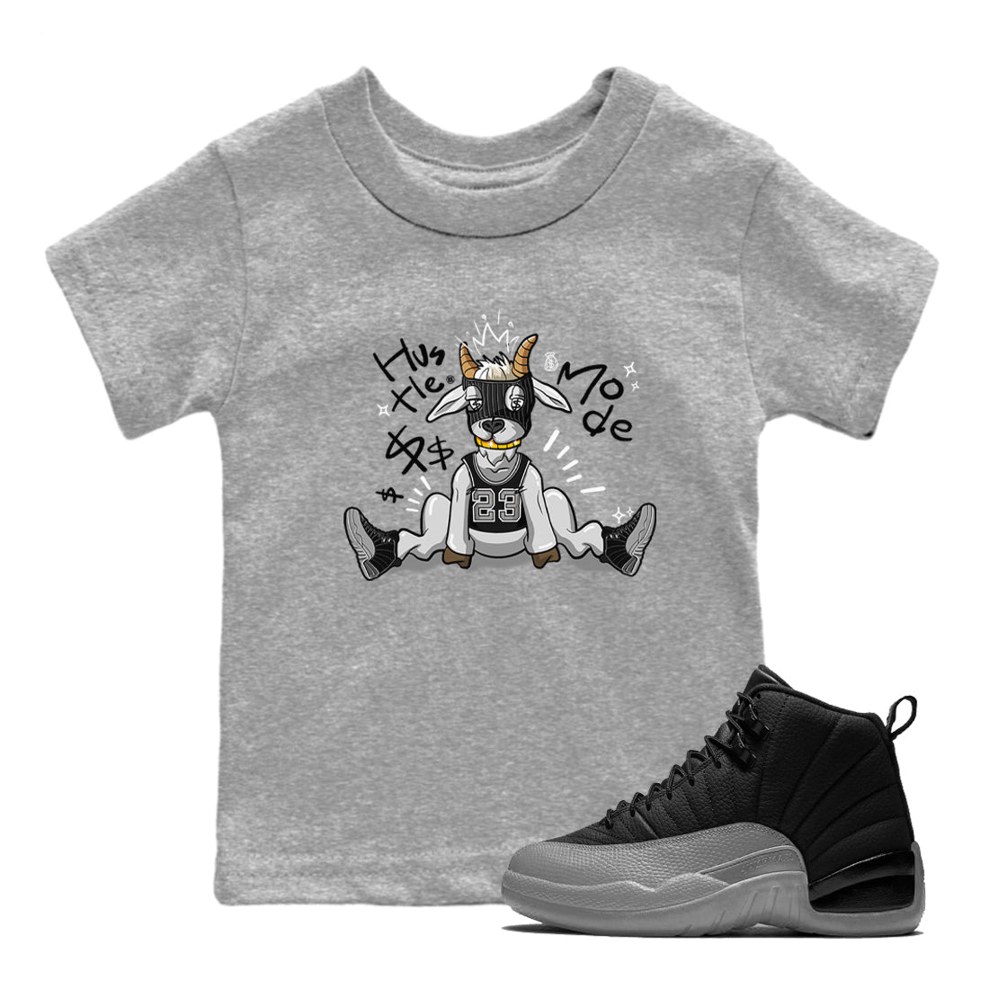 12s Black Wolf Grey shirts to match jordans Hustle Mode sneaker match tees Air Jordan 12 Black Wolf Grey match shoes to clothes Drip Gear Zone Youth Baby Heather Grey 1 tee