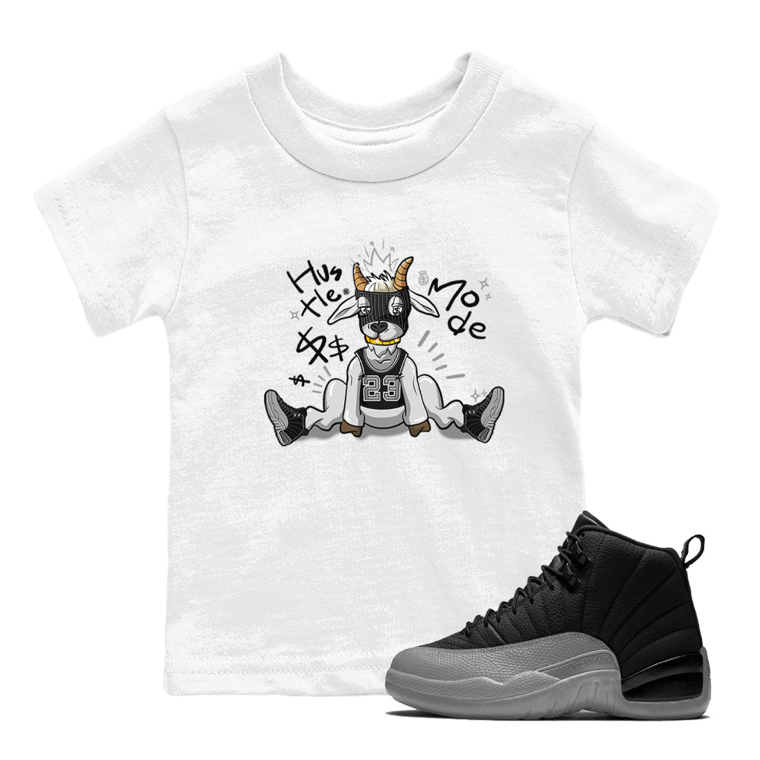 12s Black Wolf Grey shirts to match jordans Hustle Mode sneaker match tees Air Jordan 12 Black Wolf Grey match shoes to clothes Drip Gear Zone Youth Baby White 1 tee