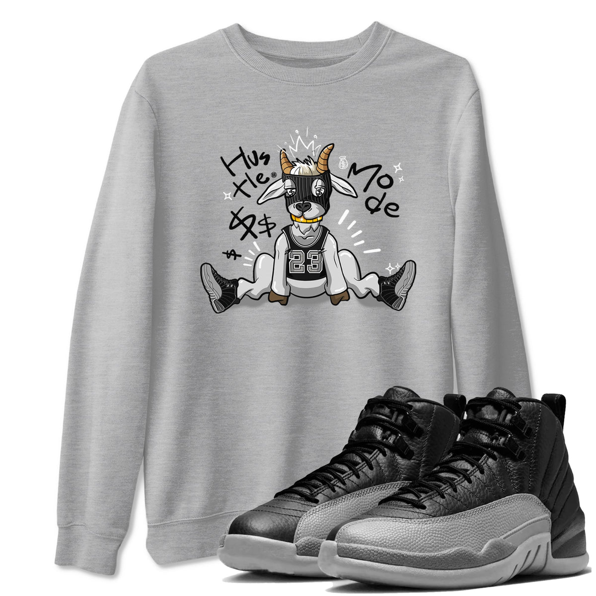 12s Black Wolf Grey shirts to match jordans Hustle Mode sneaker match tees Air Jordan 12 Black Wolf Grey match shoes to clothes Drip Gear Zone unisex cotton Heather Grey 1 shirts