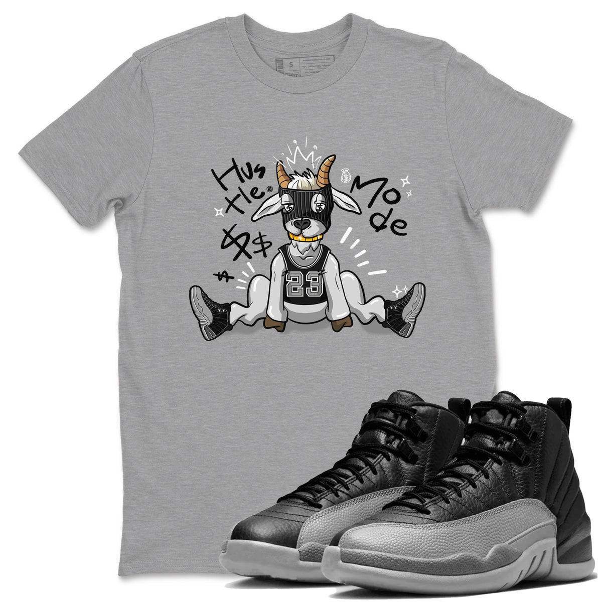 12s Black Wolf Grey shirts to match jordans Hustle Mode sneaker match tees Air Jordan 12 Black Wolf Grey match shoes to clothes Drip Gear Zone unisex cotton Heather Grey 1 shirts