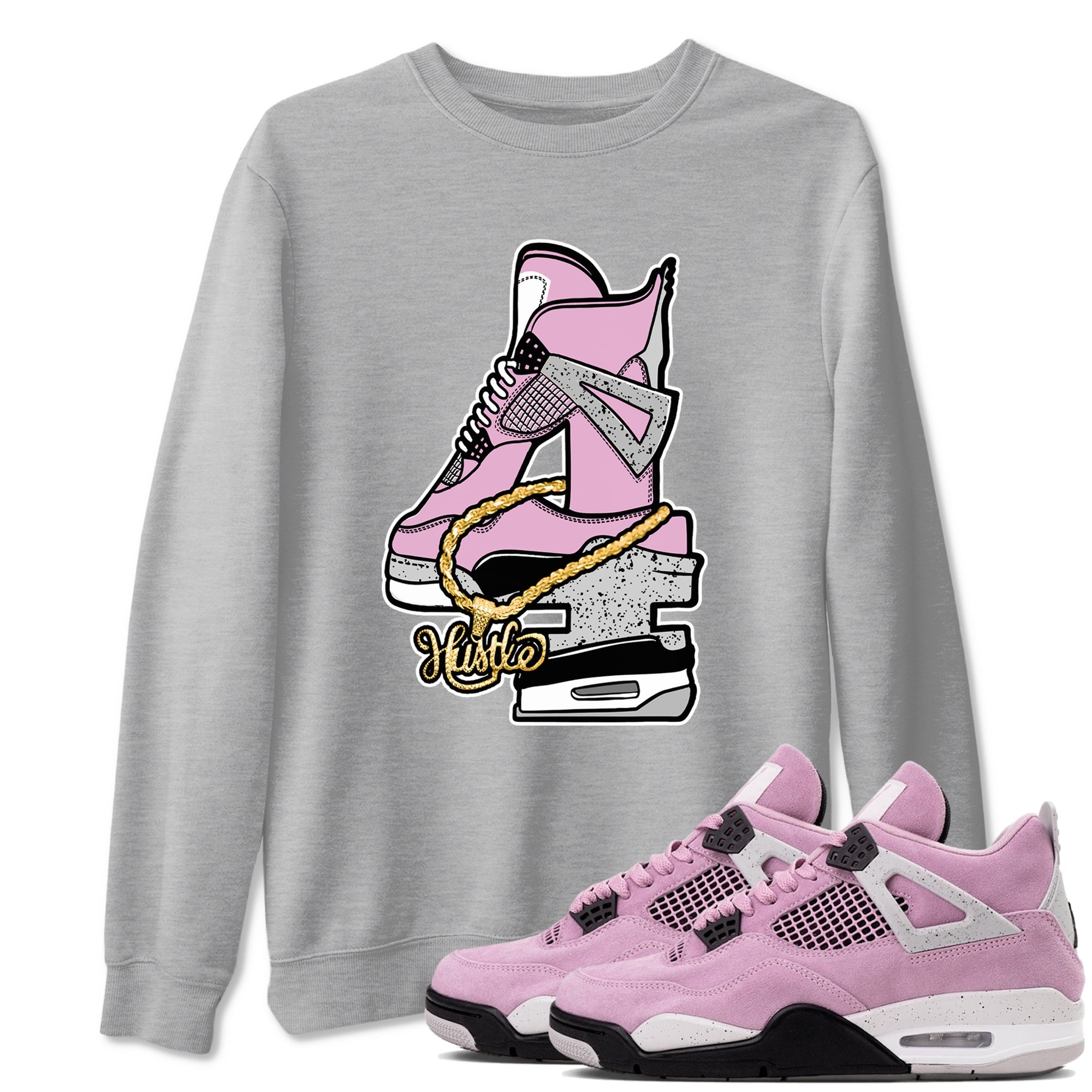 4s Retro Orchid shirts to match jordans Hustle Number 4 sneaker match tees Air Jordan 4 WMNS Orchid match shoes to clothes Drip Gear Zone unisex cotton Heather Grey 1 shirts