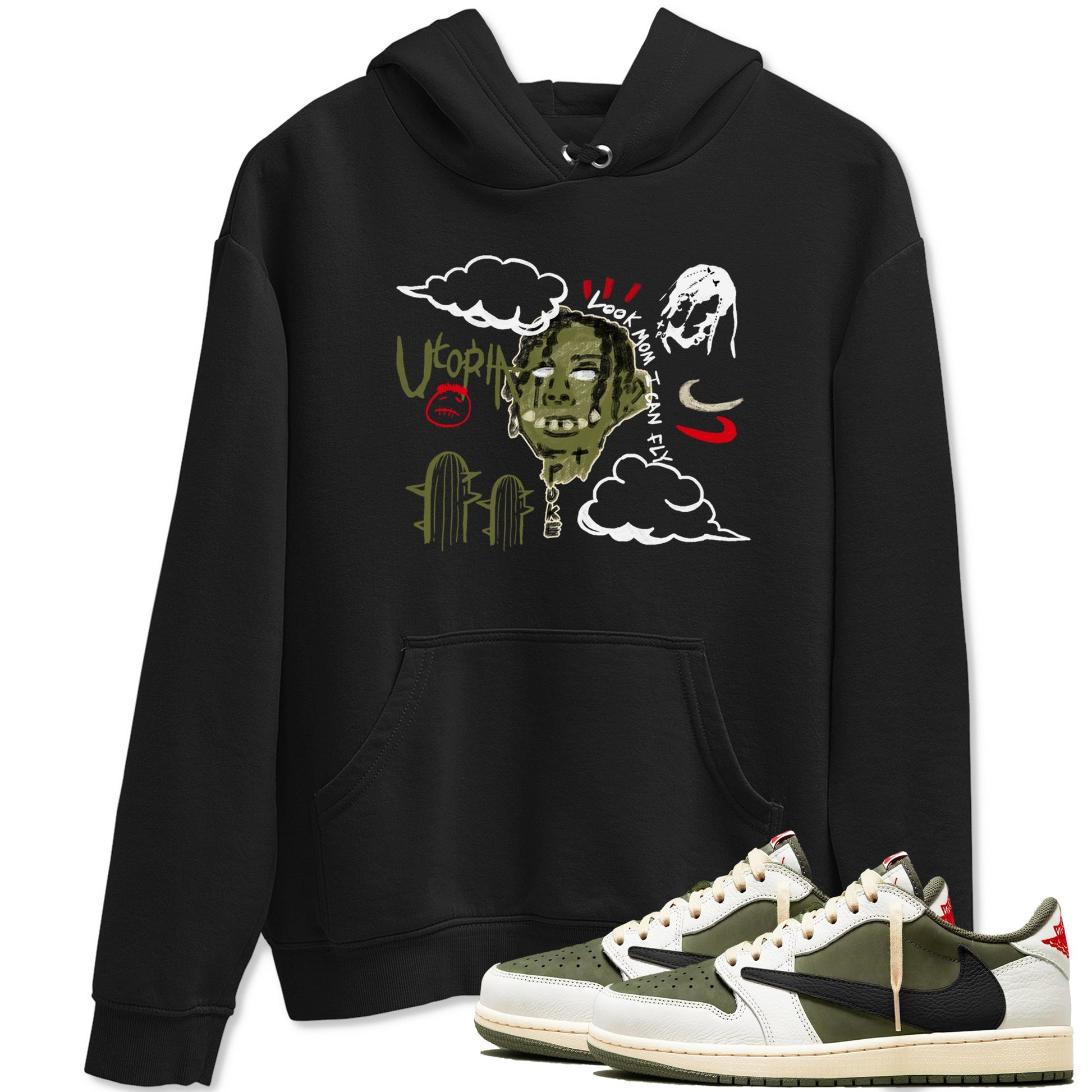 1s Travis Scott Medium Olive shirts to match jordans I Can Fly sneaker match tees Air Jordan 1 Travis Scott Medium Olive Drip Gear Zone streetwear brand Black 1 unisex cotton tee