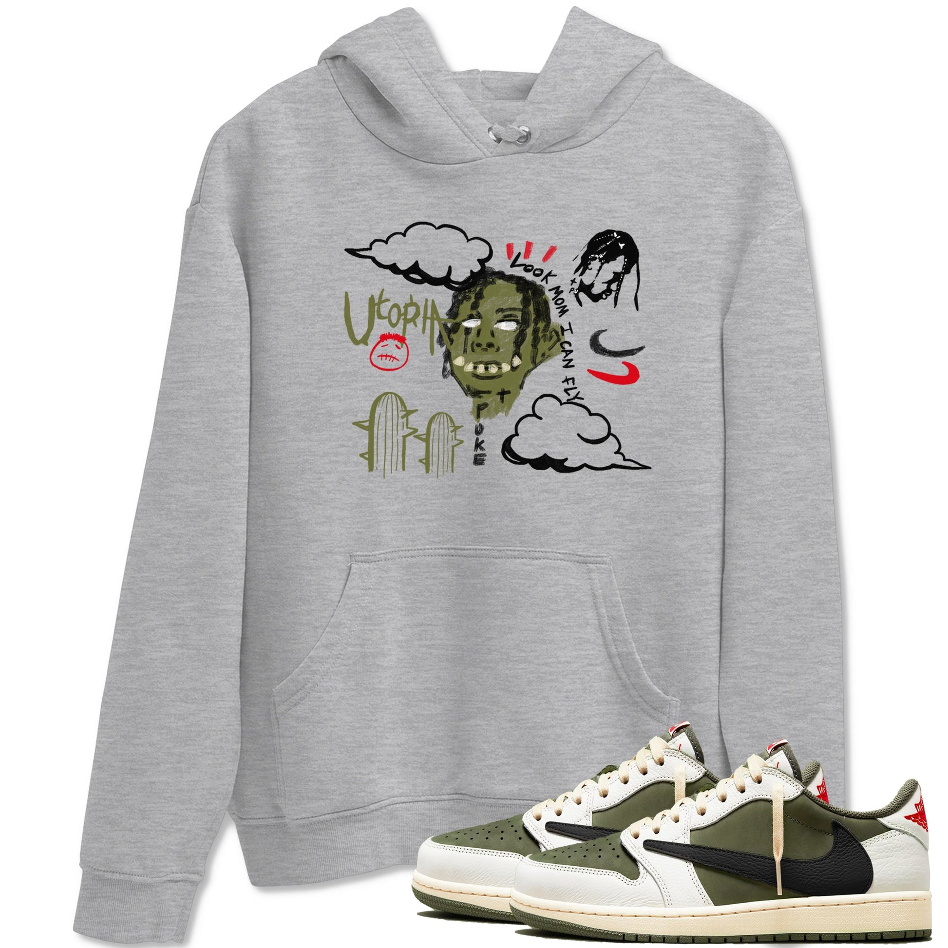 1s Travis Scott Medium Olive shirts to match jordans I Can Fly sneaker match tees Air Jordan 1 Travis Scott Medium Olive Drip Gear Zone streetwear brand Heather Grey 1 unisex cotton tee