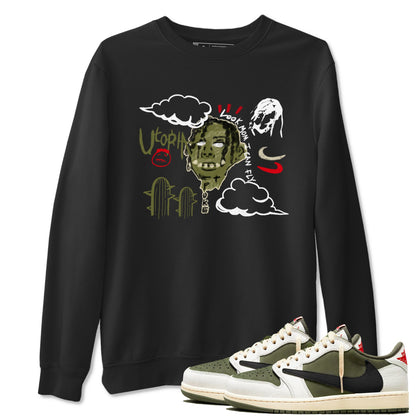 1s Travis Scott Medium Olive shirts to match jordans I Can Fly sneaker match tees Air Jordan 1 Travis Scott Medium Olive Drip Gear Zone streetwear brand Black 1 unisex cotton tee