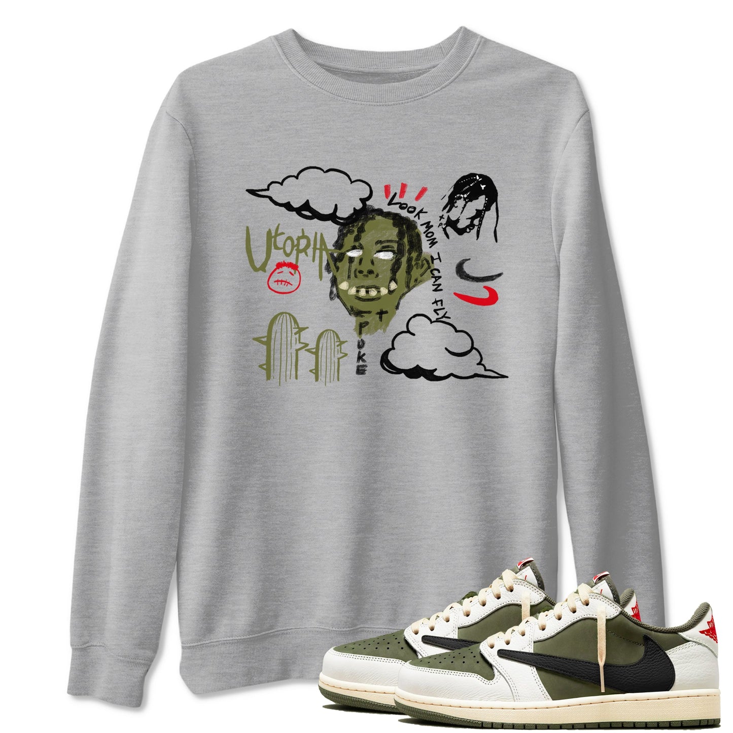 1s Travis Scott Medium Olive shirts to match jordans I Can Fly sneaker match tees Air Jordan 1 Travis Scott Medium Olive Drip Gear Zone streetwear brand Heather Grey 1 unisex cotton tee