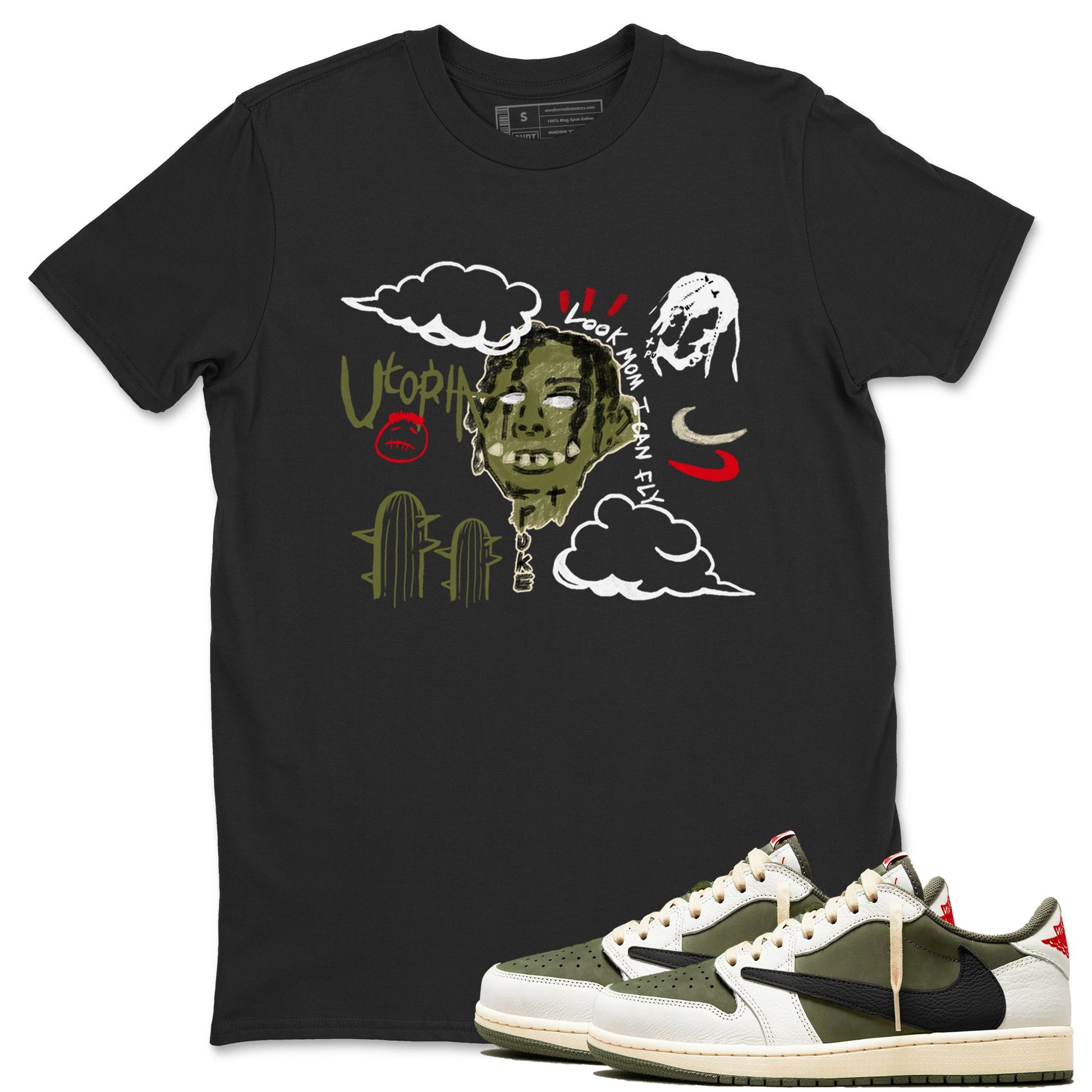 1s Travis Scott Medium Olive shirts to match jordans I Can Fly sneaker match tees Air Jordan 1 Travis Scott Medium Olive Drip Gear Zone streetwear brand Black 1 unisex cotton tee