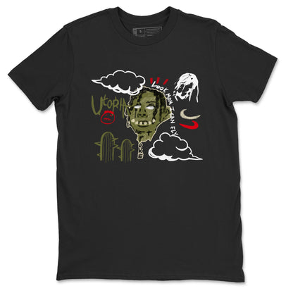 1s Travis Scott Medium Olive shirts to match jordans I Can Fly sneaker match tees Air Jordan 1 Travis Scott Medium Olive Drip Gear Zone streetwear brand Black 2 unisex cotton tee