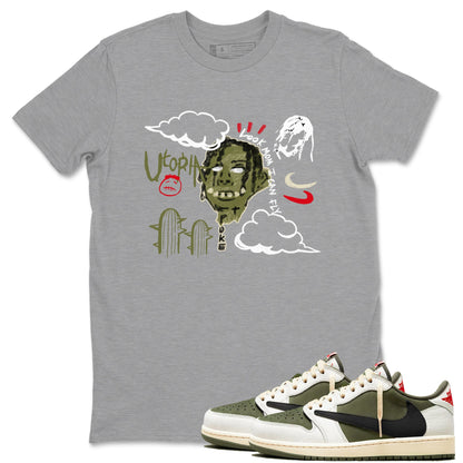 1s Travis Scott Medium Olive shirts to match jordans I Can Fly sneaker match tees Air Jordan 1 Travis Scott Medium Olive Drip Gear Zone streetwear brand Heather Grey 1 unisex cotton tee