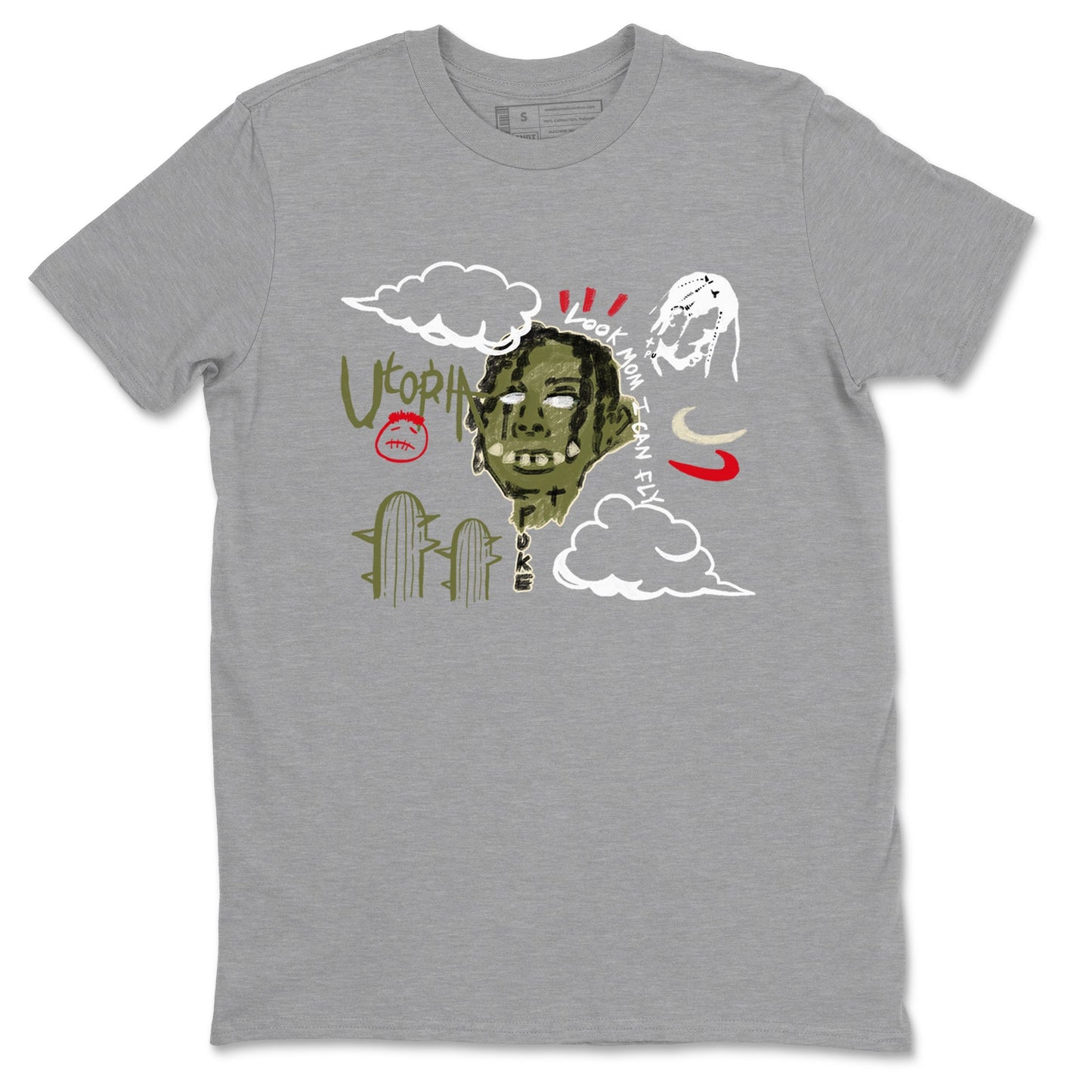 1s Travis Scott Medium Olive shirts to match jordans I Can Fly sneaker match tees Air Jordan 1 Travis Scott Medium Olive Drip Gear Zone streetwear brand Heather Grey 2 unisex cotton tee