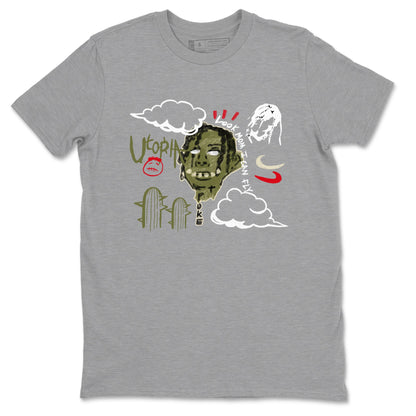 1s Travis Scott Medium Olive shirts to match jordans I Can Fly sneaker match tees Air Jordan 1 Travis Scott Medium Olive Drip Gear Zone streetwear brand Heather Grey 2 unisex cotton tee