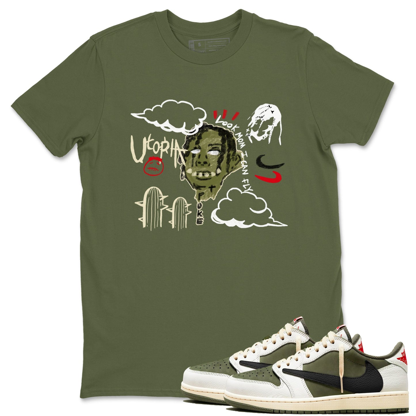 1s Travis Scott Medium Olive shirts to match jordans I Can Fly sneaker match tees Air Jordan 1 Travis Scott Medium Olive Drip Gear Zone streetwear brand Military Green 1 unisex cotton tee