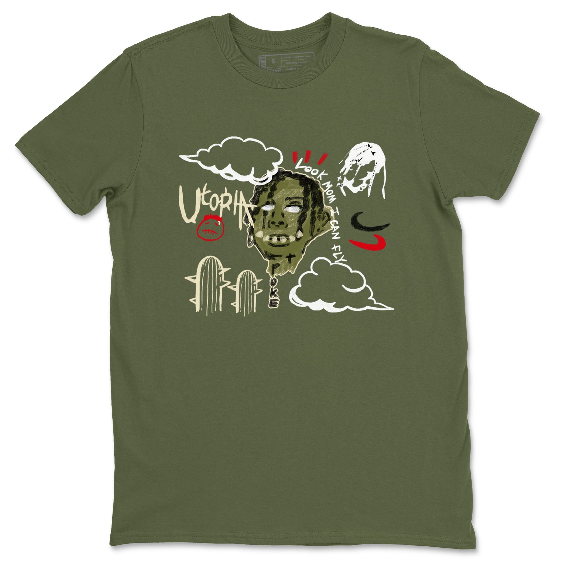 1s Travis Scott Medium Olive shirts to match jordans I Can Fly sneaker match tees Air Jordan 1 Travis Scott Medium Olive Drip Gear Zone streetwear brand Military Green 2 unisex cotton tee