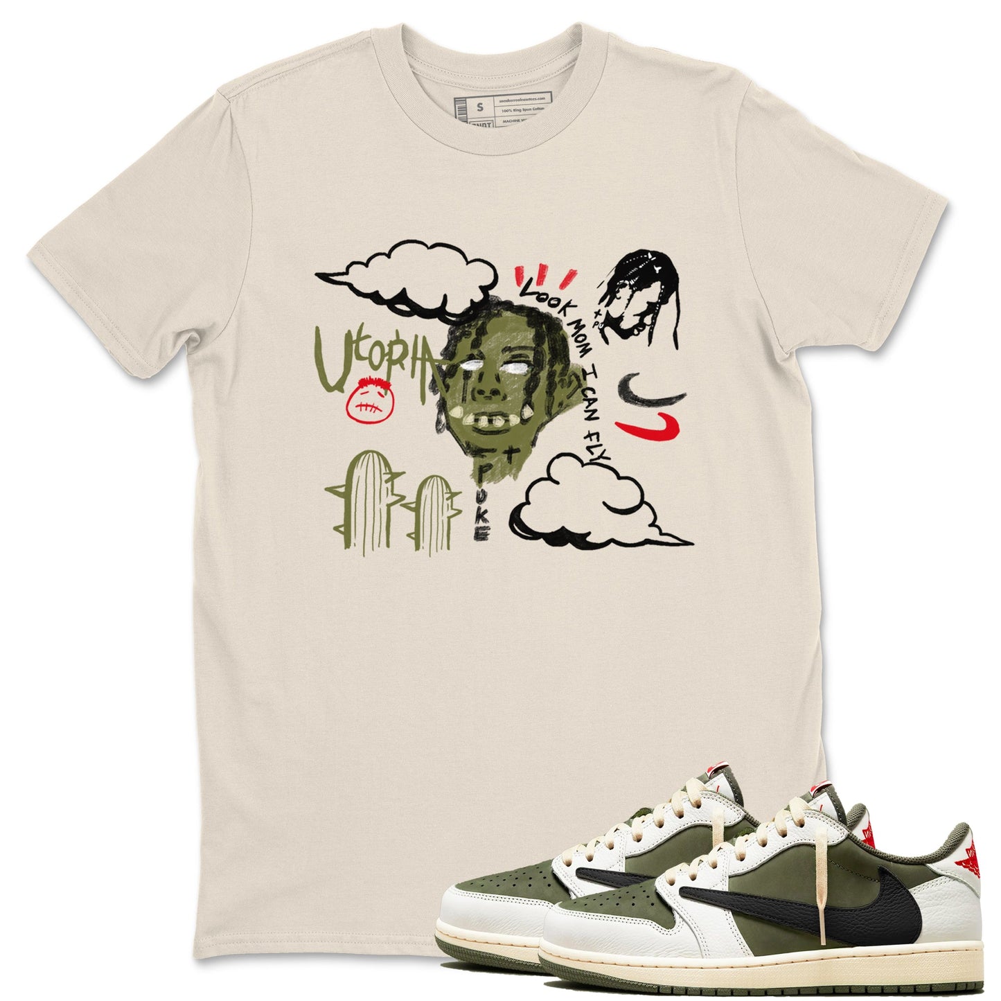 1s Travis Scott Medium Olive shirts to match jordans I Can Fly sneaker match tees Air Jordan 1 Travis Scott Medium Olive Drip Gear Zone streetwear brand Natural 1 unisex cotton tee