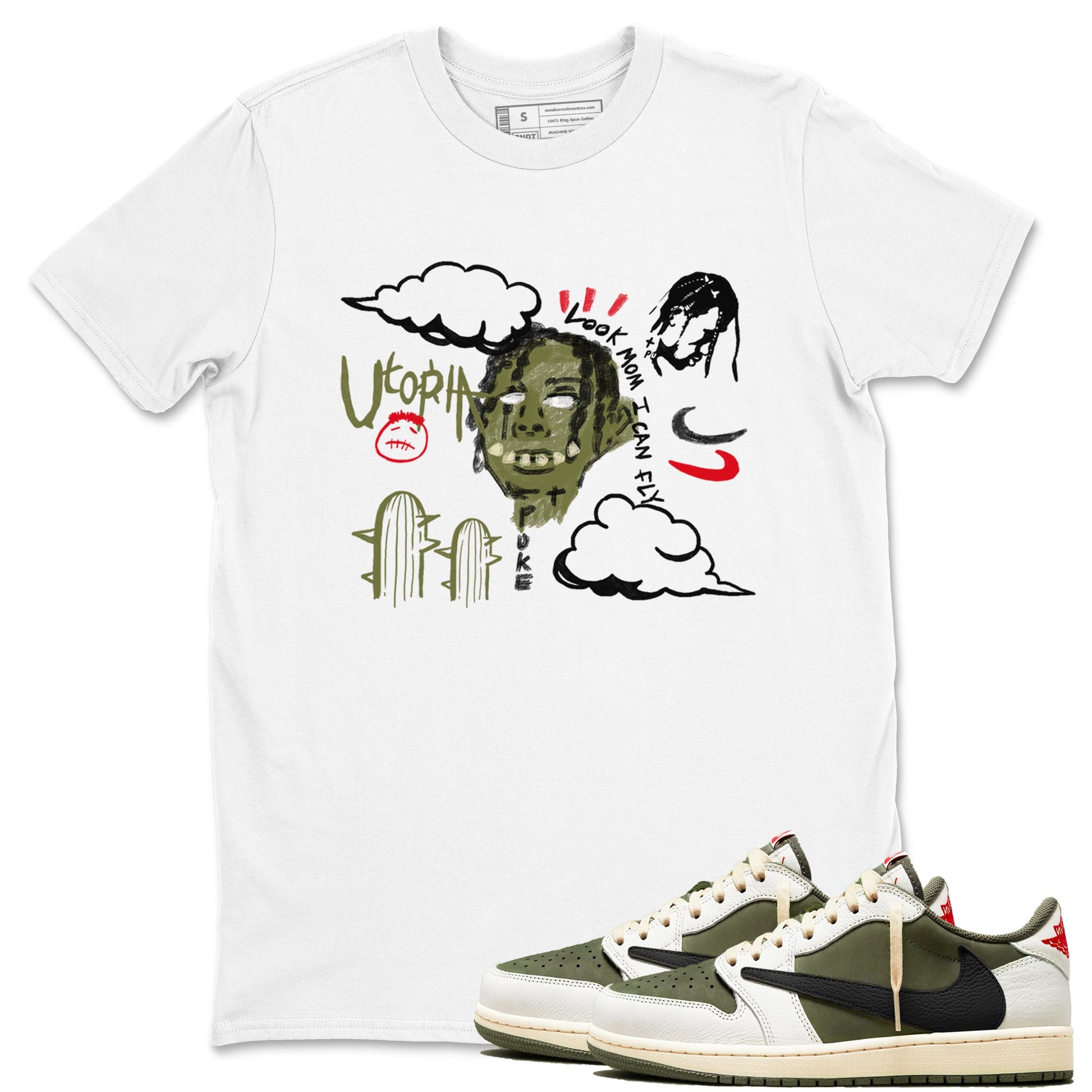 1s Travis Scott Medium Olive shirts to match jordans I Can Fly sneaker match tees Air Jordan 1 Travis Scott Medium Olive Drip Gear Zone streetwear brand White 1 unisex cotton tee