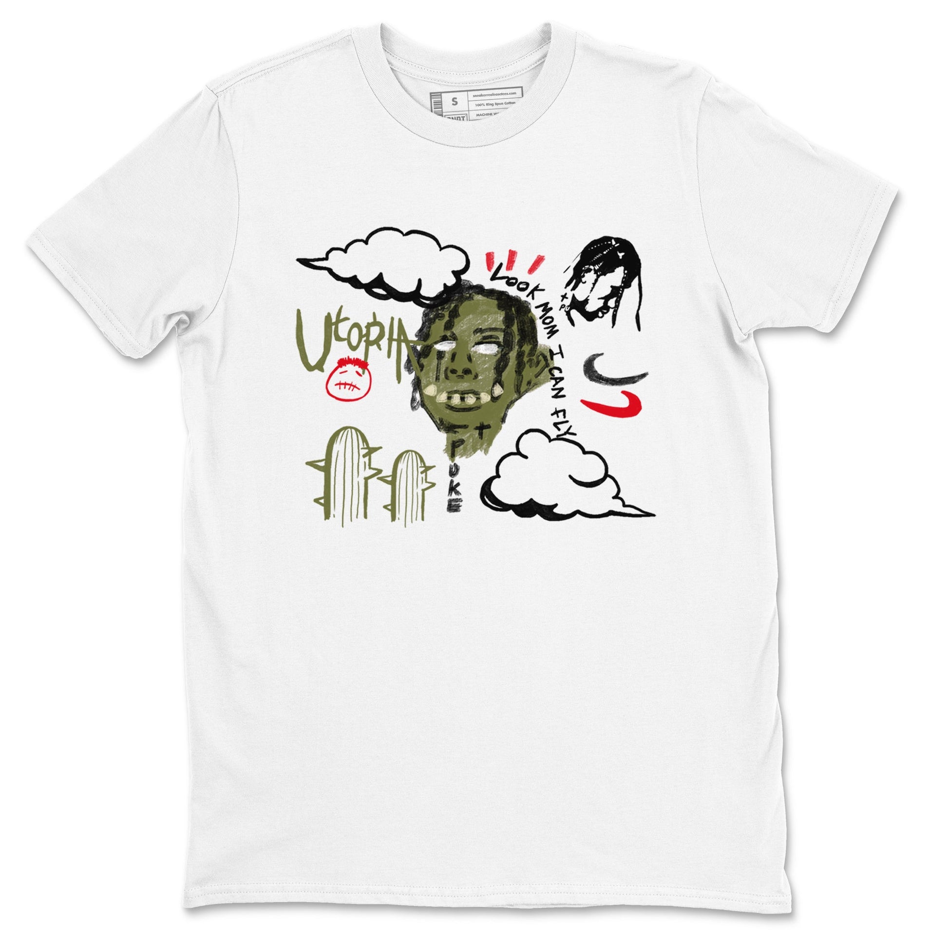 1s Travis Scott Medium Olive shirts to match jordans I Can Fly sneaker match tees Air Jordan 1 Travis Scott Medium Olive Drip Gear Zone streetwear brand White 2 unisex cotton tee