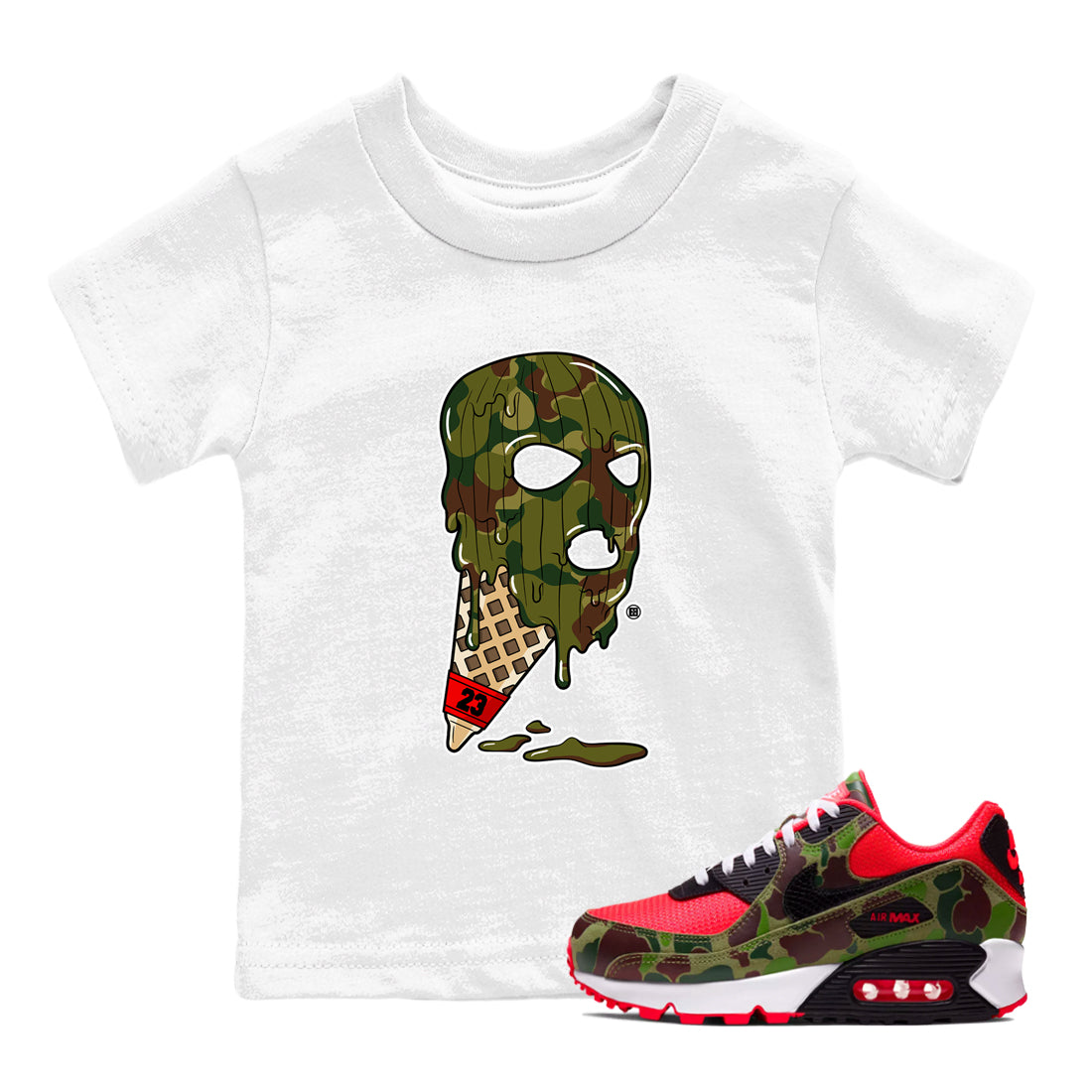 Air Max 90 Reverse Camo shirts to match jordans Ice Cream Mask sneaker match tees Air Max 90 Reverse Duck Camo match shoes to clothes Drip Gear Zone Youth Baby White 1 tee