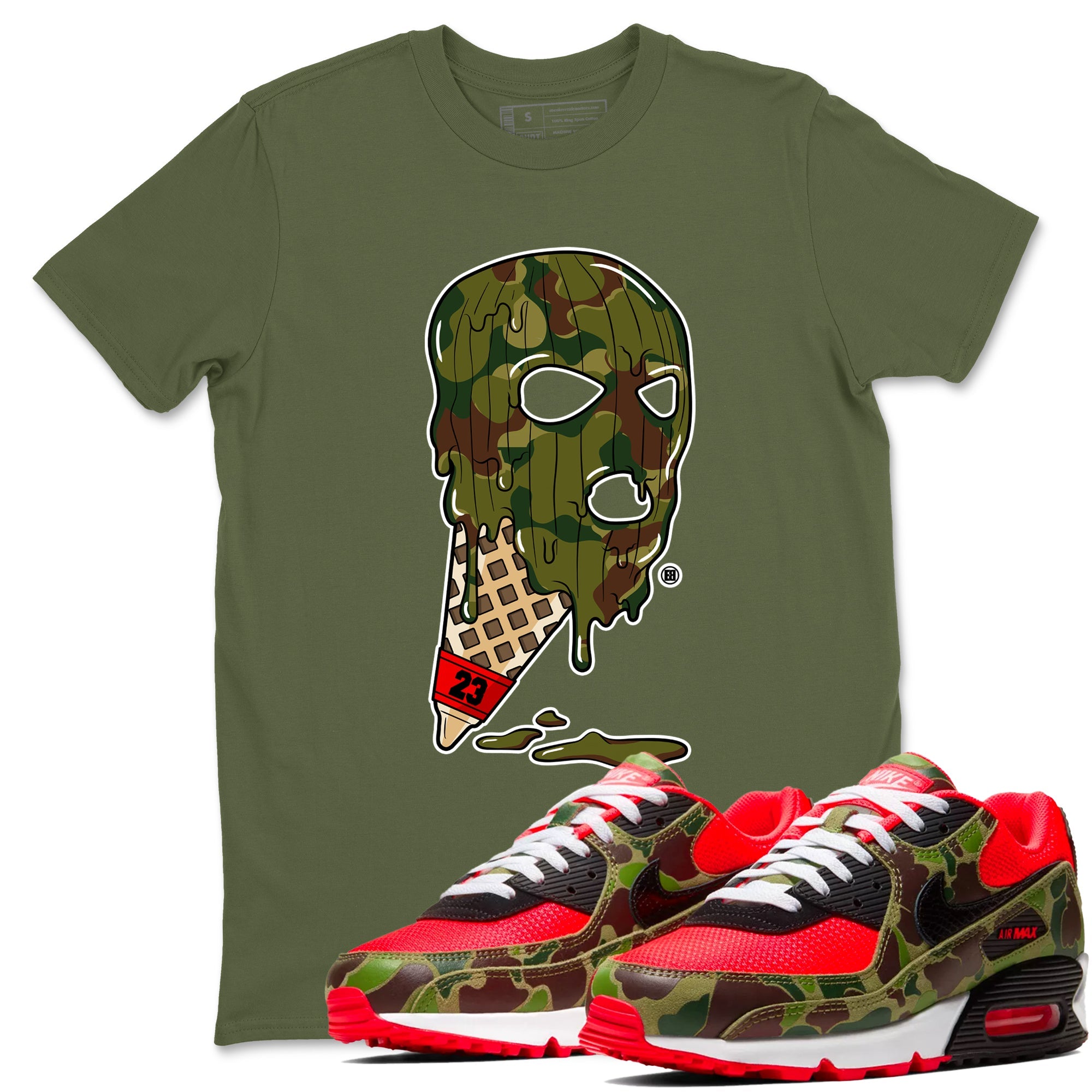 Air Max 90 Reverse Camo shirts to match jordans Ice Cream Mask sneaker match tees Air Max 90 Reverse Duck Camo match shoes to clothes Drip Gear Zone unisex cotton Military Green 1 shirts