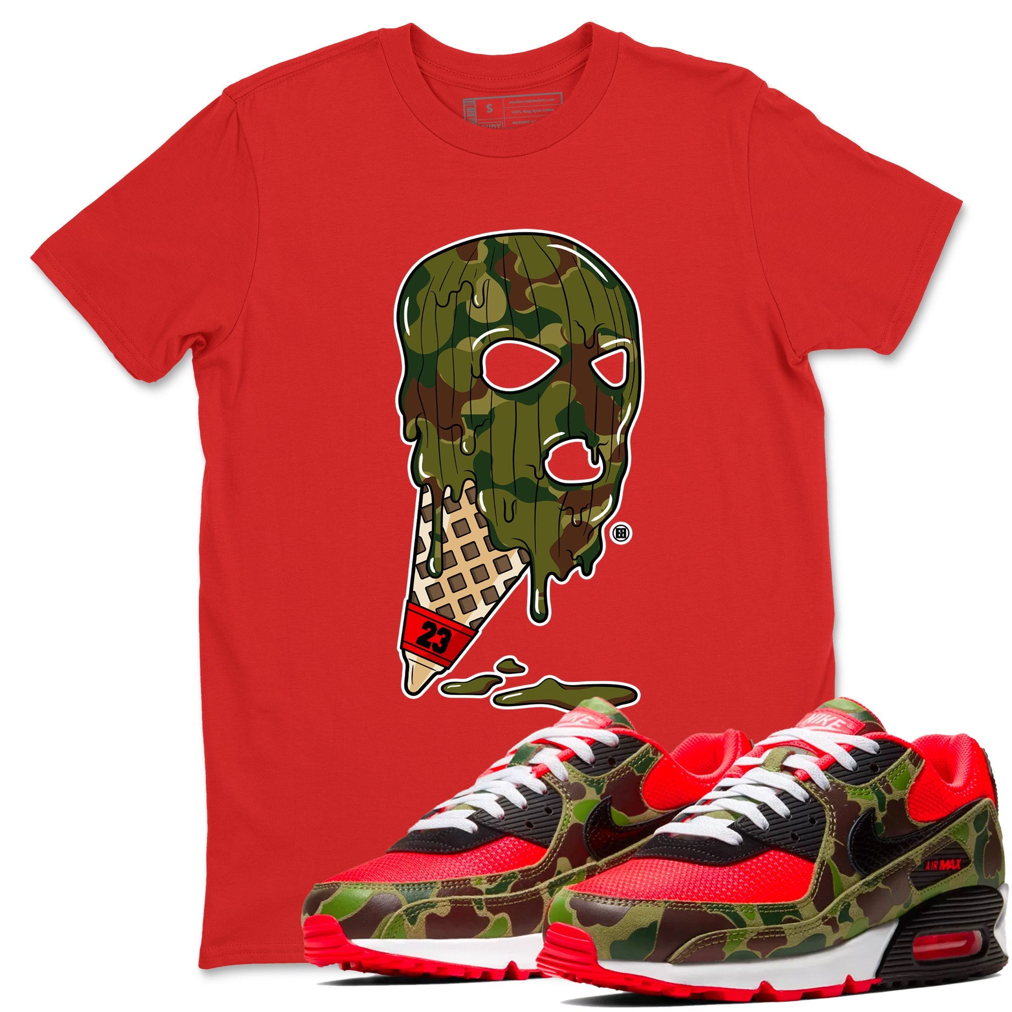 Air Max 90 Reverse Camo shirts to match jordans Ice Cream Mask sneaker match tees Air Max 90 Reverse Duck Camo match shoes to clothes Drip Gear Zone unisex cotton Red 1 shirts