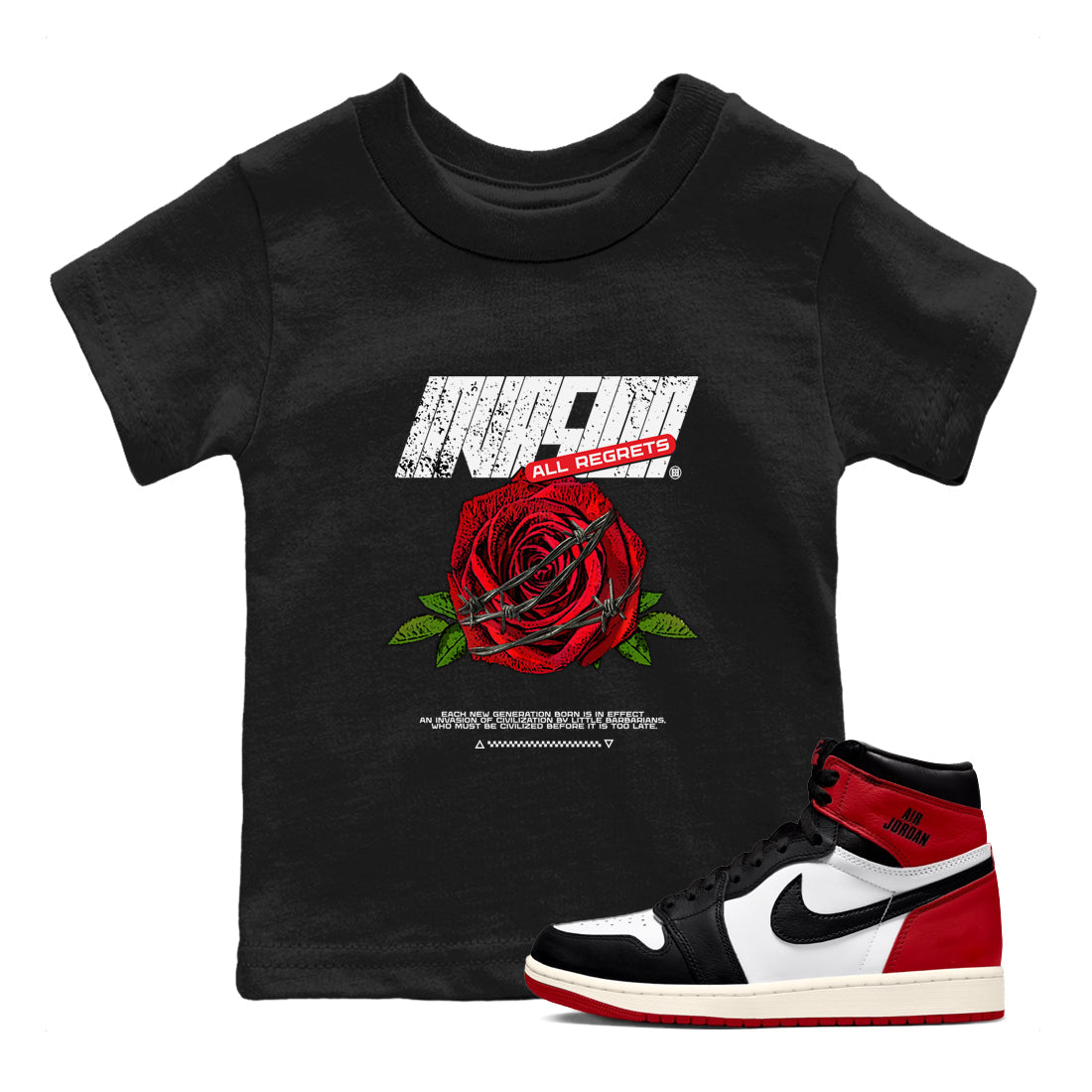 Air Jordan 1 High OG Black Toe Reimagined shirts to match jordans Invasions sneaker match tees 1s Black Toe Reimagined Sneaker Shirts Drip Gear Zone streetwear brand Baby and Youth Black 1 cotton tee