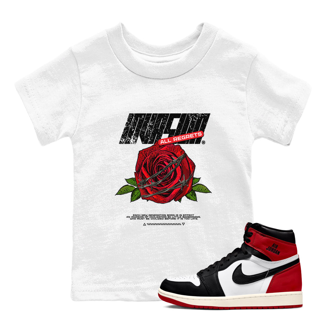 Air Jordan 1 High OG Black Toe Reimagined shirts to match jordans Invasions sneaker match tees 1s Black Toe Reimagined Sneaker Shirts Drip Gear Zone streetwear brand Baby and Youth White 1 cotton tee