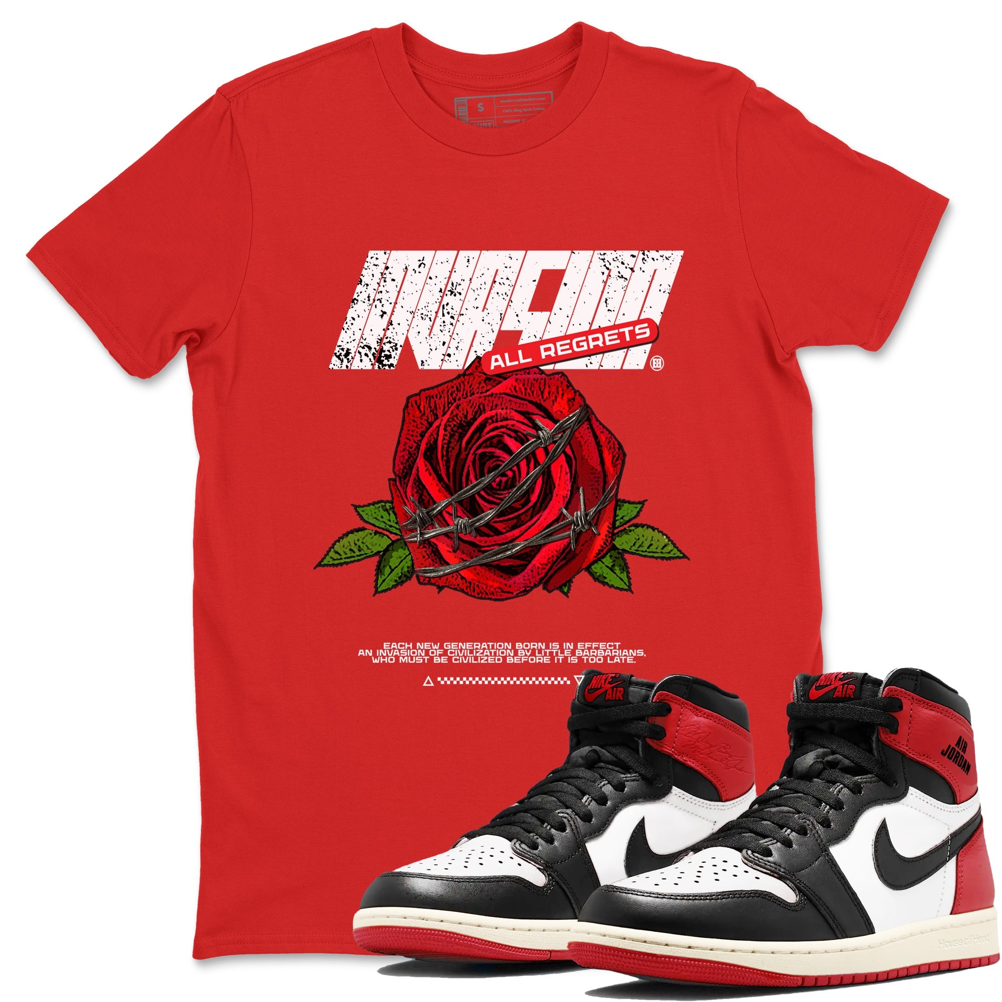 Air Jordan 1 High OG Black Toe Reimagined shirts to match jordans Invasions sneaker match tees 1s Black Toe Reimagined Sneaker Shirts Drip Gear Zone streetwear brand Red 1 unisex cotton tee