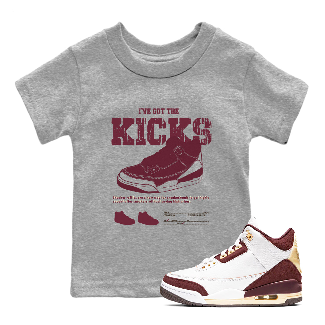 AJ3 A Ma Maniere x Burgundy Crush shirts to match jordans I've Got The Kicks sneaker match tees A Ma Maniére x Air Jordan 3 "Burgundy Crush" Drip Gear Zone streetwear brand Baby and Youth Heather Grey 1 cotton tee