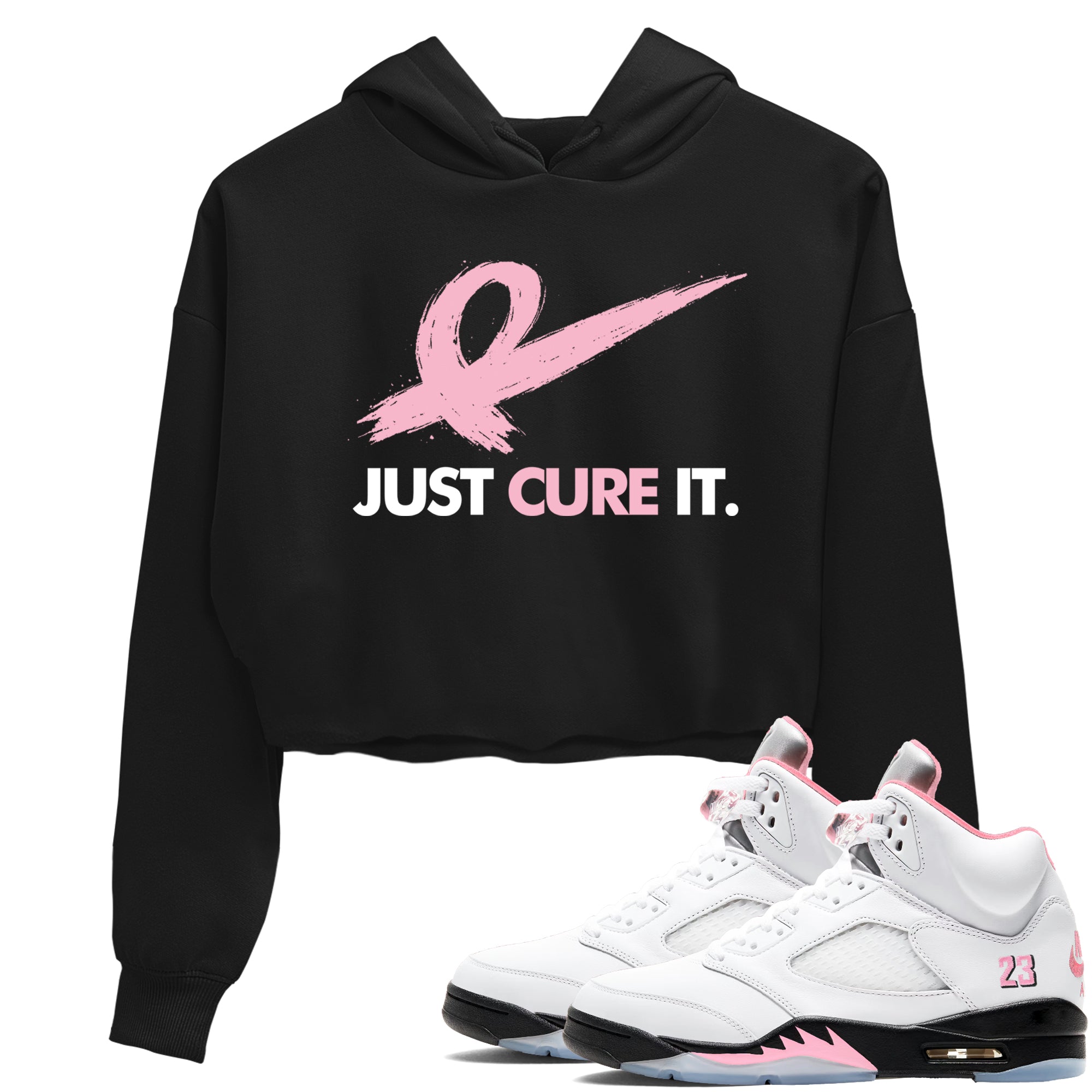 Sneaker Threads  Sneaker Tees To Match Air Jordan 5 Medium Soft Pink  Just Cure It Crop Tee Black 1. Perfect for Jordan releases 2025 colorways.