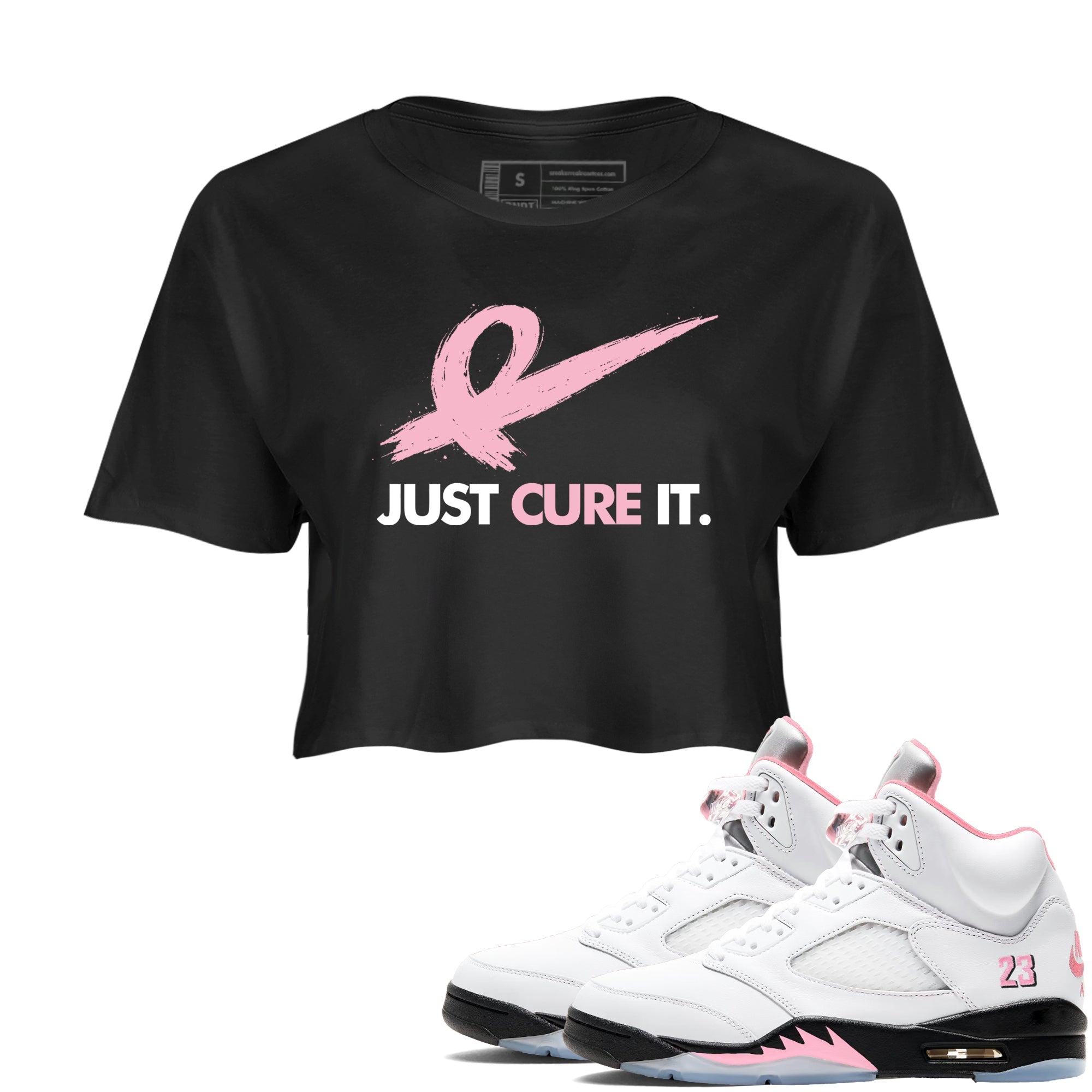 Sneaker Threads  Sneaker Tees To Match Air Jordan 5 Medium Soft Pink  Just Cure It Crop Tee Black 1. Perfect for Jordan releases 2025 colorways.