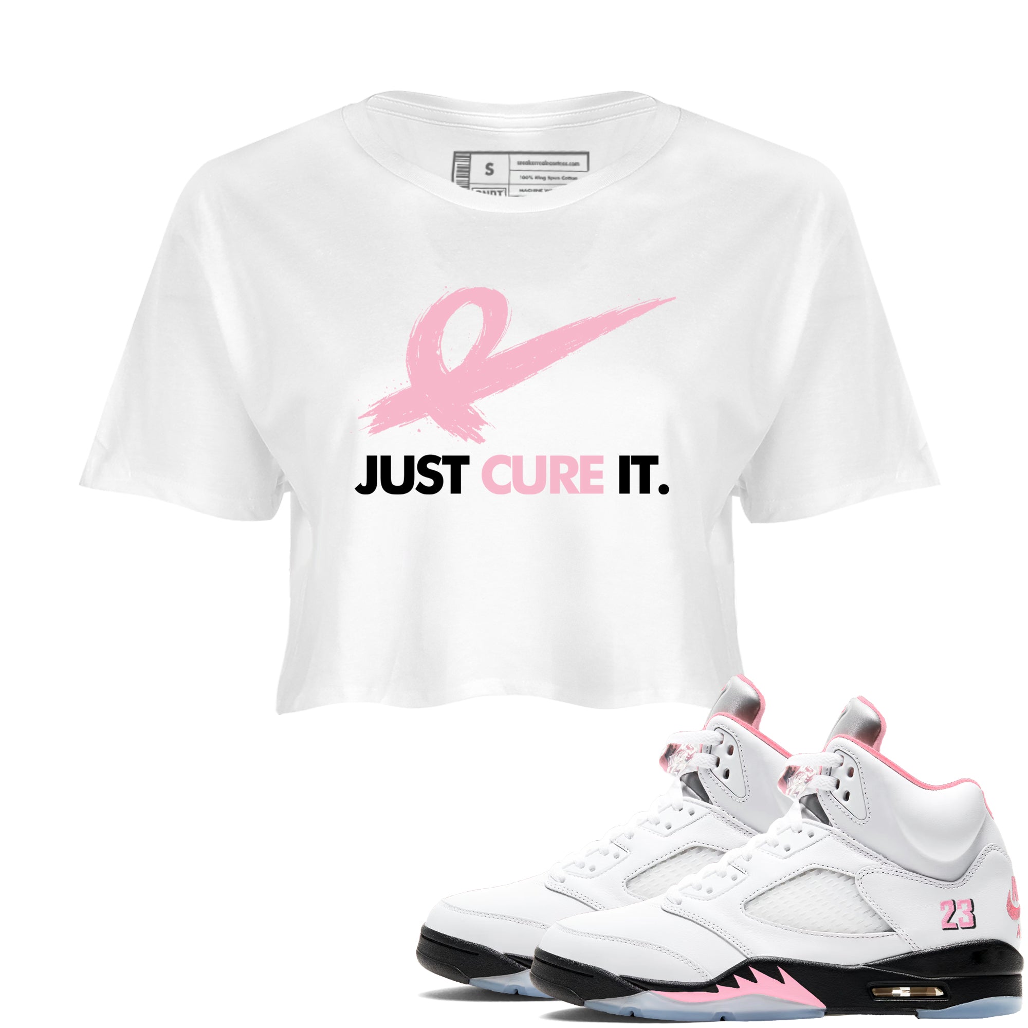 Sneaker Threads  Sneaker Tees To Match Air Jordan 5 Medium Soft Pink  Just Cure It Crop Tee White 1. Perfect for Jordan releases 2025 colorways.