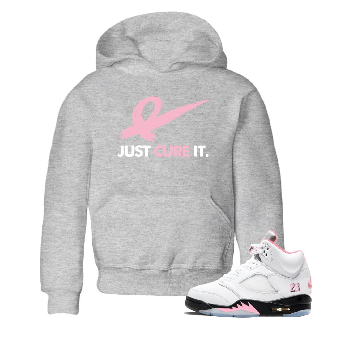 Sneaker Threads  Sneaker Tees To Match Air Jordan 5 Medium Soft Pink  Just Cure It Youth Graphic Tee Heather Grey 1. Perfect for Jordan releases 2025 colorways.