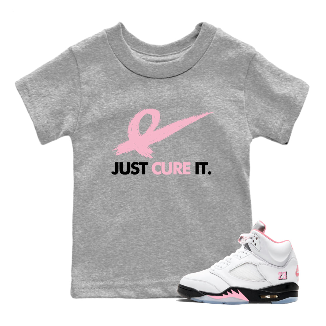 Sneaker Threads  Sneaker Tees To Match Air Jordan 5 Medium Soft Pink  Just Cure It Youth Graphic Tee Heather Grey 1. Perfect for Jordan releases 2025 colorways.