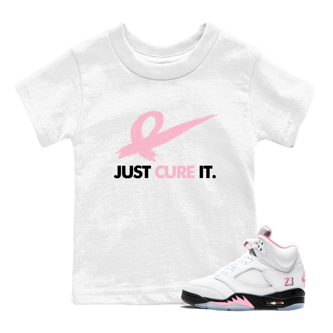 Sneaker Threads  Sneaker Tees To Match Air Jordan 5 Medium Soft Pink  Just Cure It Youth Graphic Tee White 1. Perfect for Jordan releases 2025 colorways.