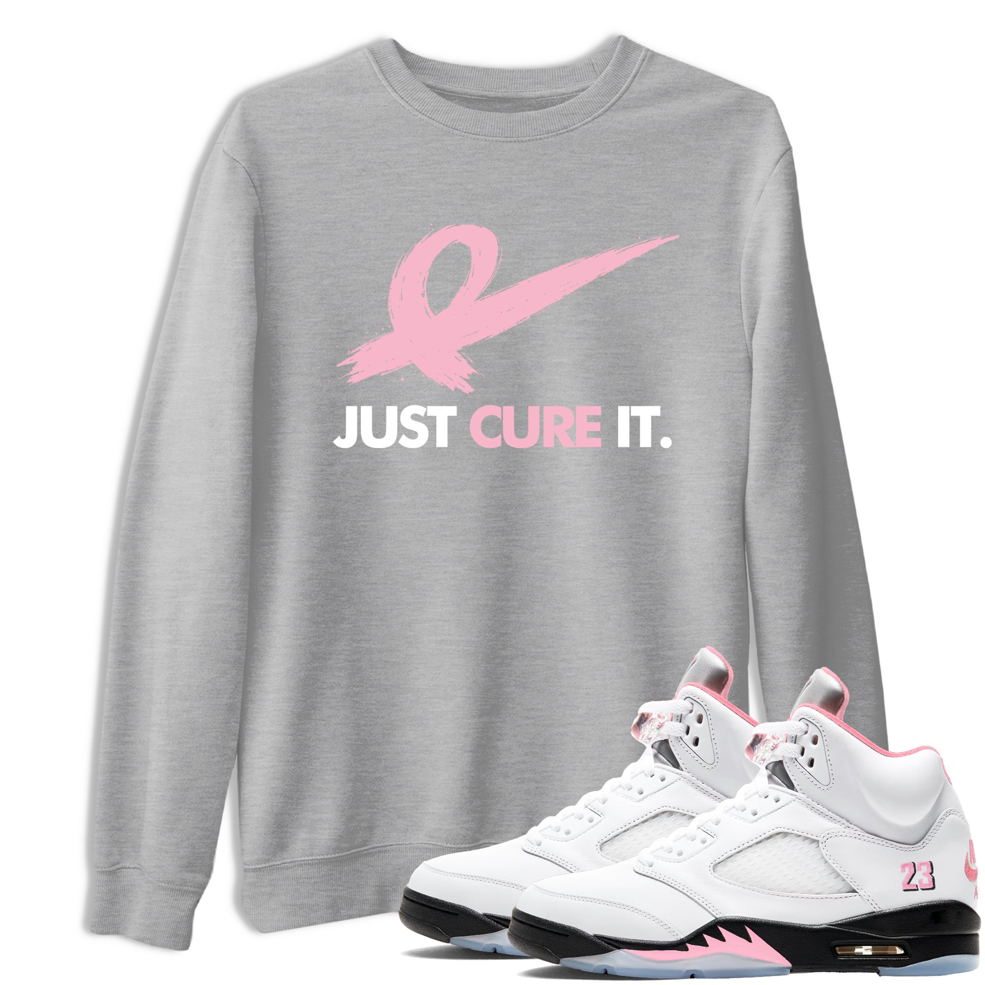 Sneaker Threads  Sneaker Tees To Match Air Jordan 5 Medium Soft Pink  Just Cure It Graphic Tee Heather Grey 1. Perfect for Jordan releases 2025 colorways.