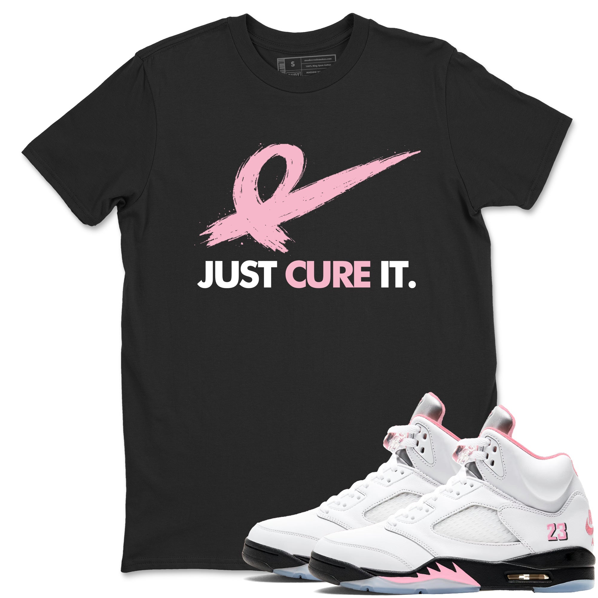 Sneaker Threads  Sneaker Tees To Match Air Jordan 5 Medium Soft Pink  Just Cure It Graphic Tee Black 1. Perfect for Jordan releases 2025 colorways.