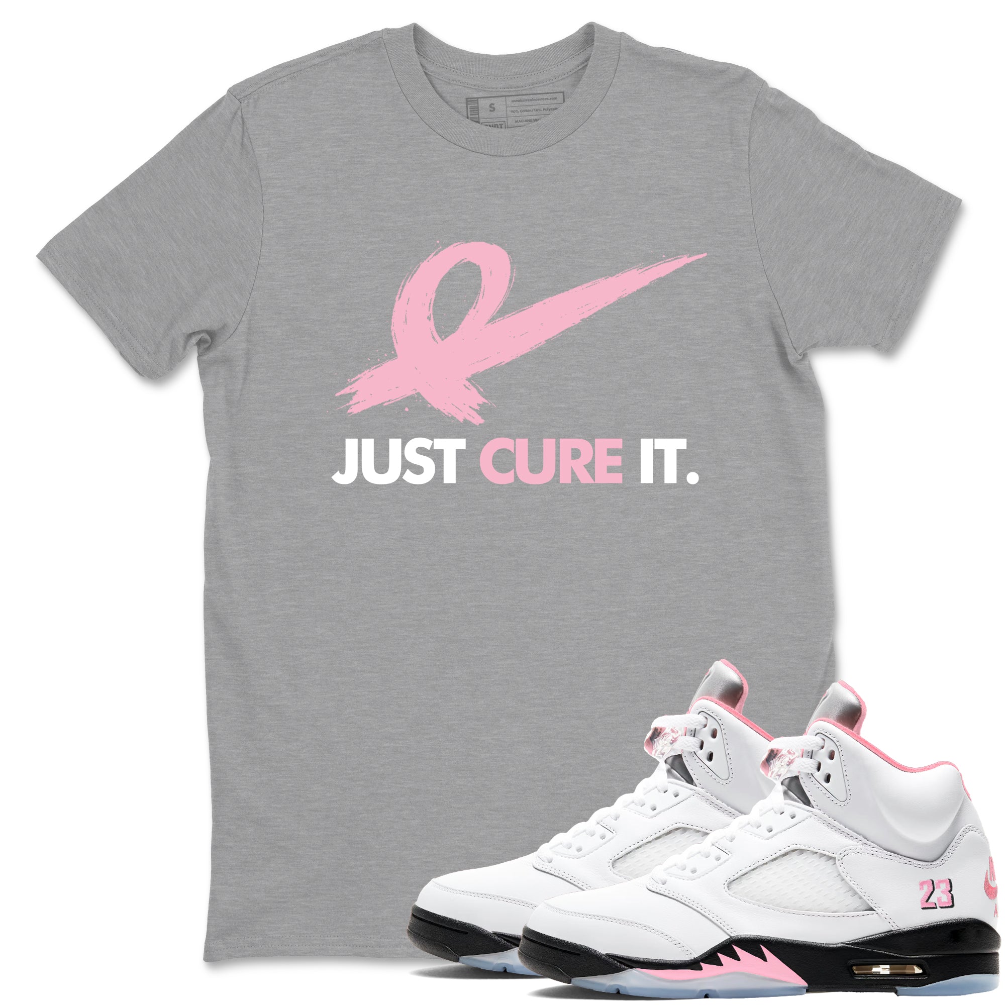 Sneaker Threads  Sneaker Tees To Match Air Jordan 5 Medium Soft Pink  Just Cure It Graphic Tee Heather Grey 1. Perfect for Jordan releases 2025 colorways.