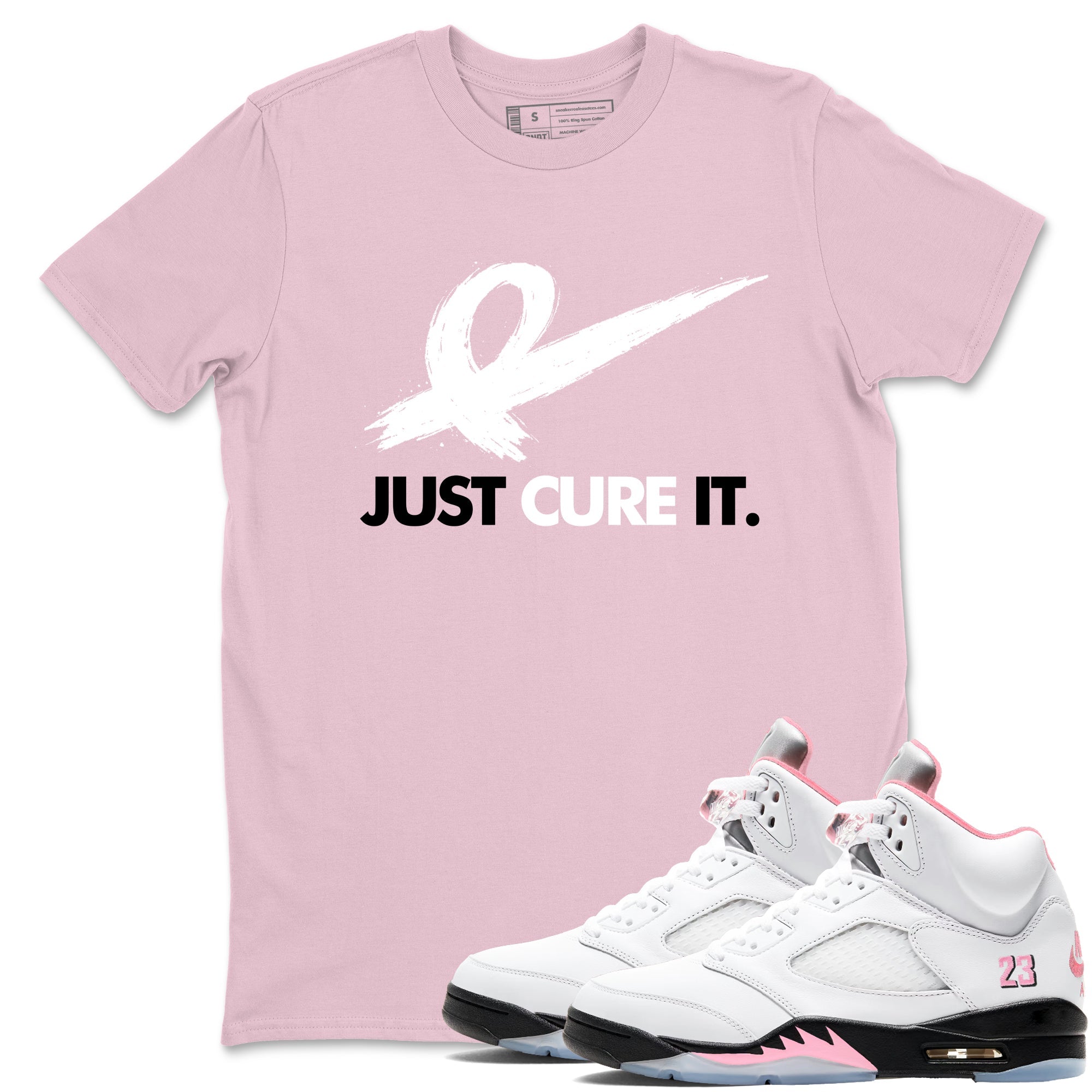 Sneaker Threads  Sneaker Tees To Match Air Jordan 5 Medium Soft Pink  Just Cure It Graphic Tee Pink 1. Perfect for Jordan releases 2025 colorways.