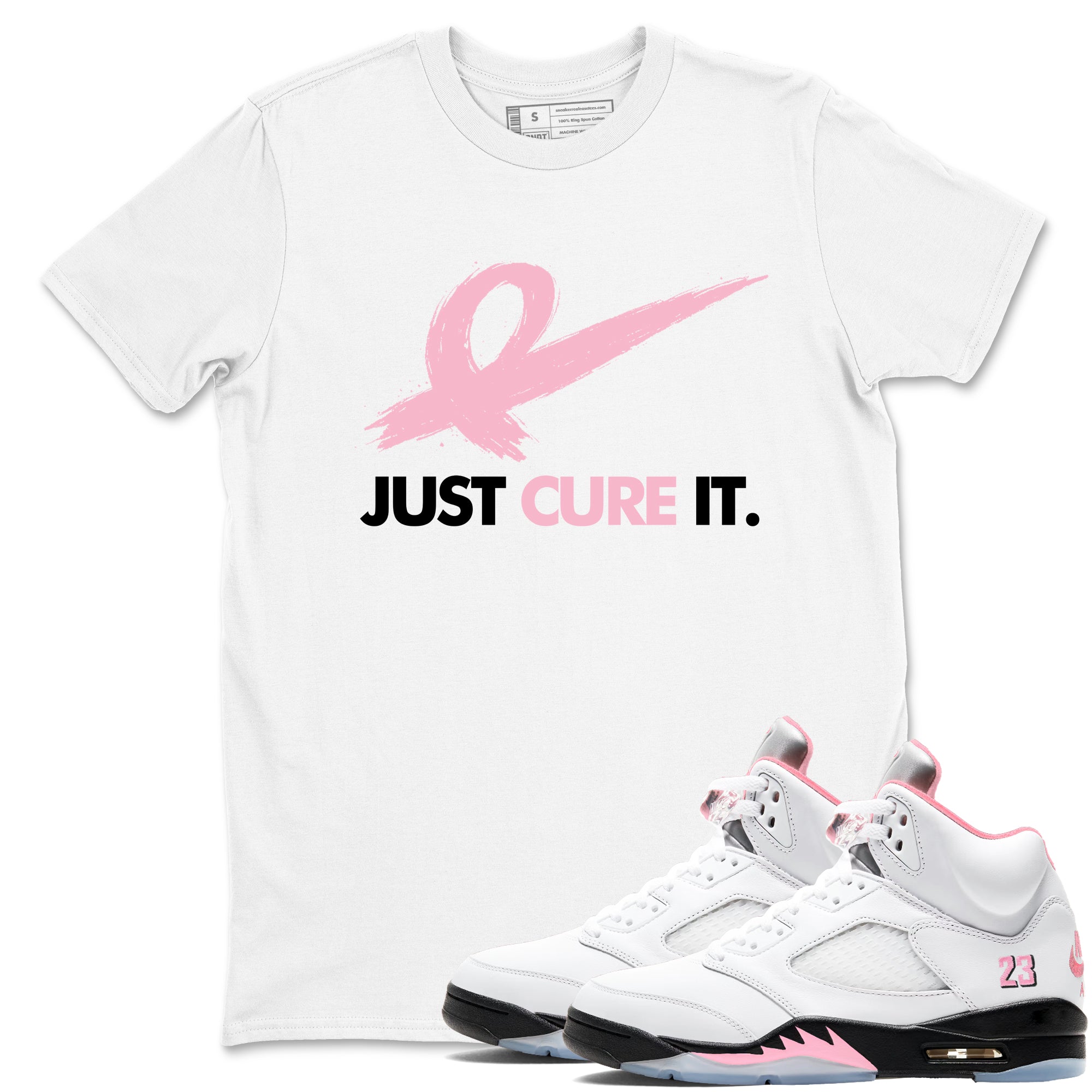 Sneaker Threads  Sneaker Tees To Match Air Jordan 5 Medium Soft Pink  Just Cure It Graphic Tee White 1. Perfect for Jordan releases 2025 colorways.