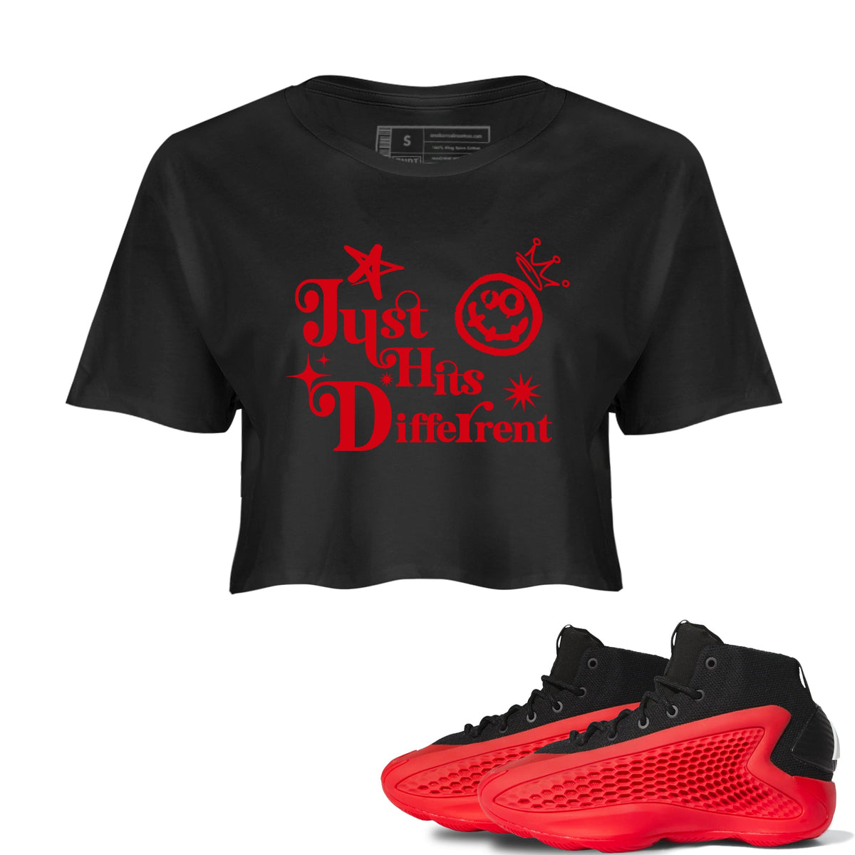 AE 1 Bred shirts to match jordans Just Hits Different sneaker match tees AE 1 Bred match shoes to clothes Drip Gear Zone unisex cotton Black 1 crop tee