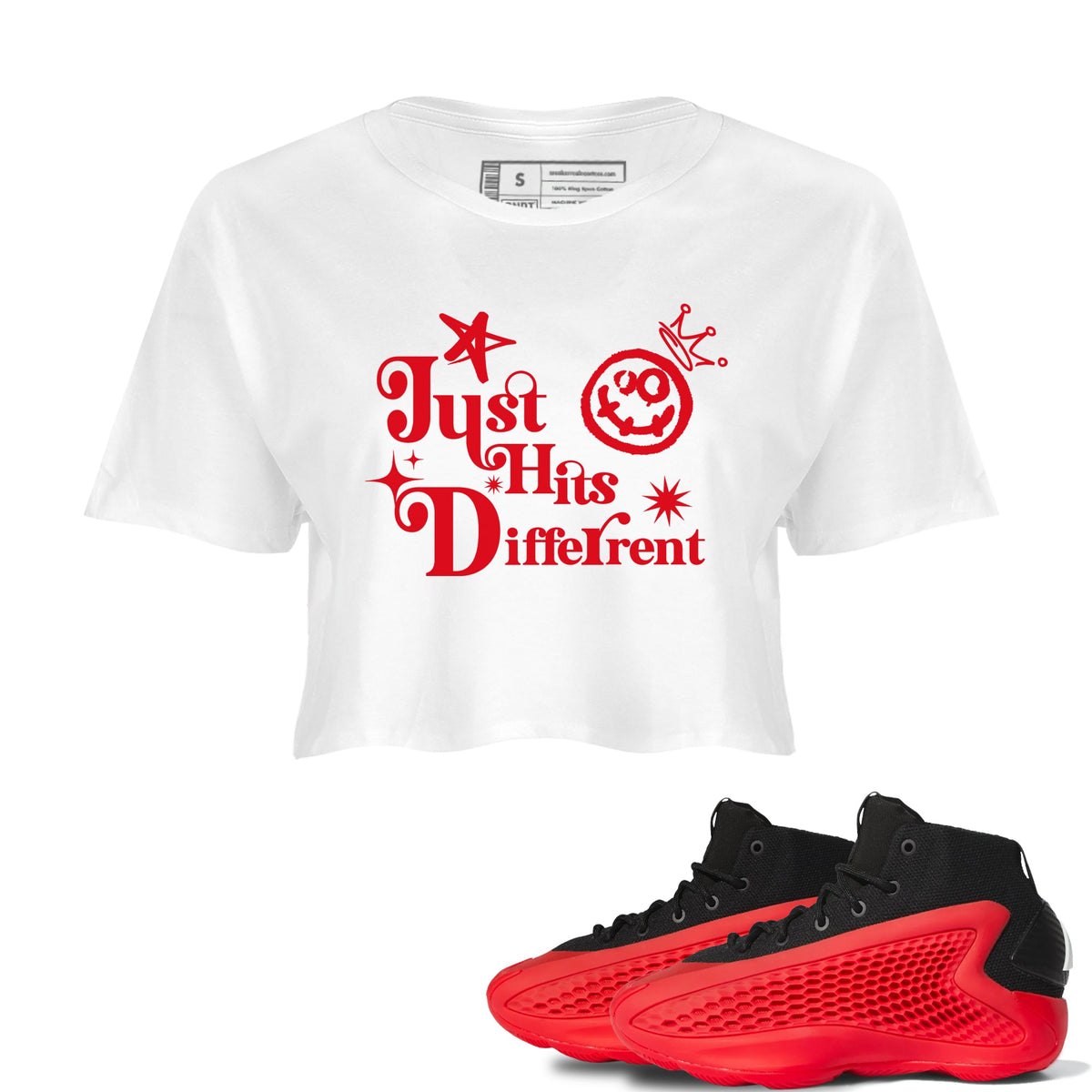 AE 1 Bred shirts to match jordans Just Hits Different sneaker match tees AE 1 Bred match shoes to clothes Drip Gear Zone unisex cotton White 1 crop tee