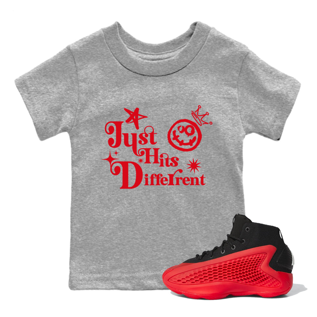 AE 1 Bred shirts to match jordans Just Hits Different sneaker match tees AE 1 Bred match shoes to clothes Drip Gear Zone Youth Baby Heather Grey 1 tee