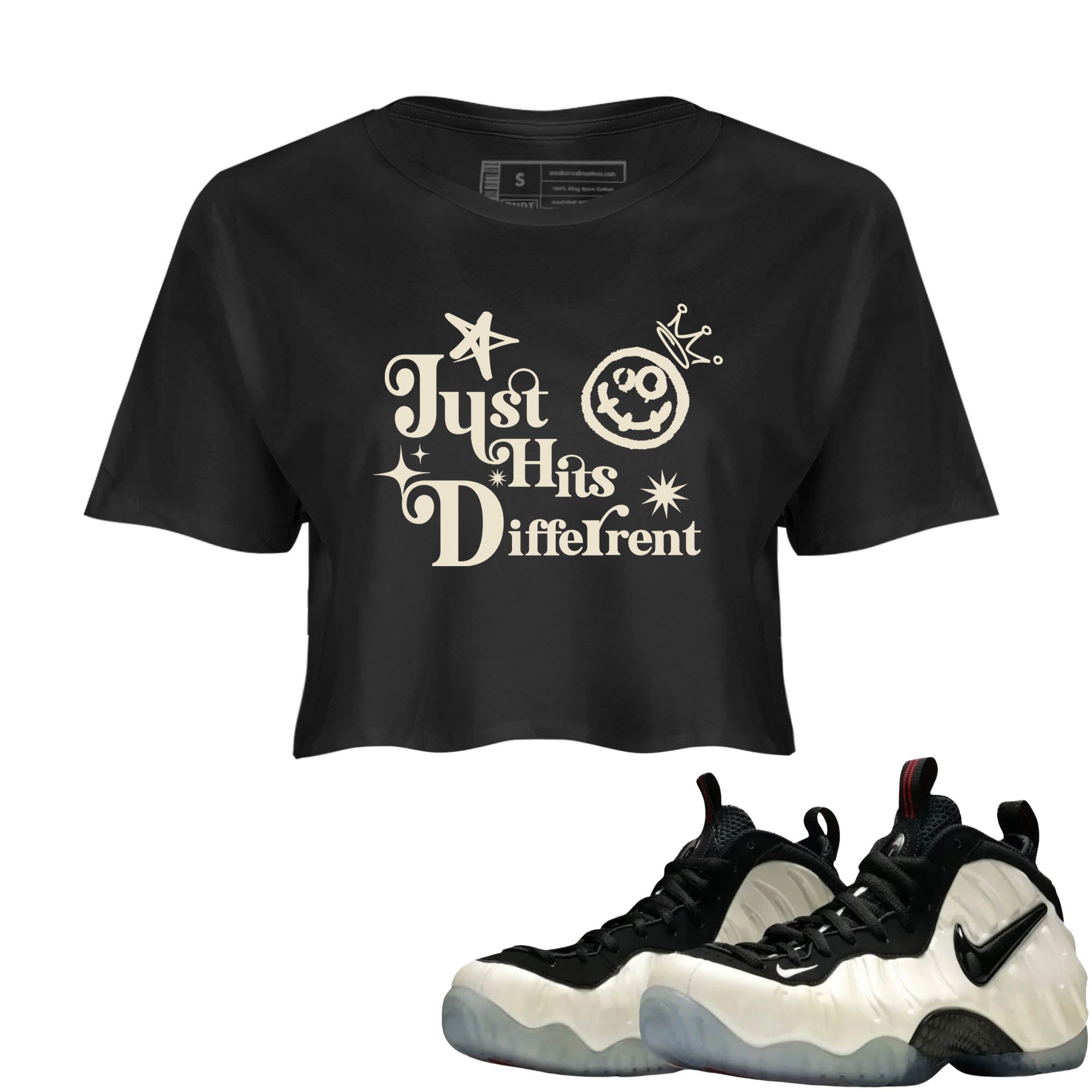 Sneaker Threads  Sneaker Tees To Match Air Foamposite One Pearl  Just Hits Different Crop Tee Black 1. Perfect for Jordan releases 2025 colorways.