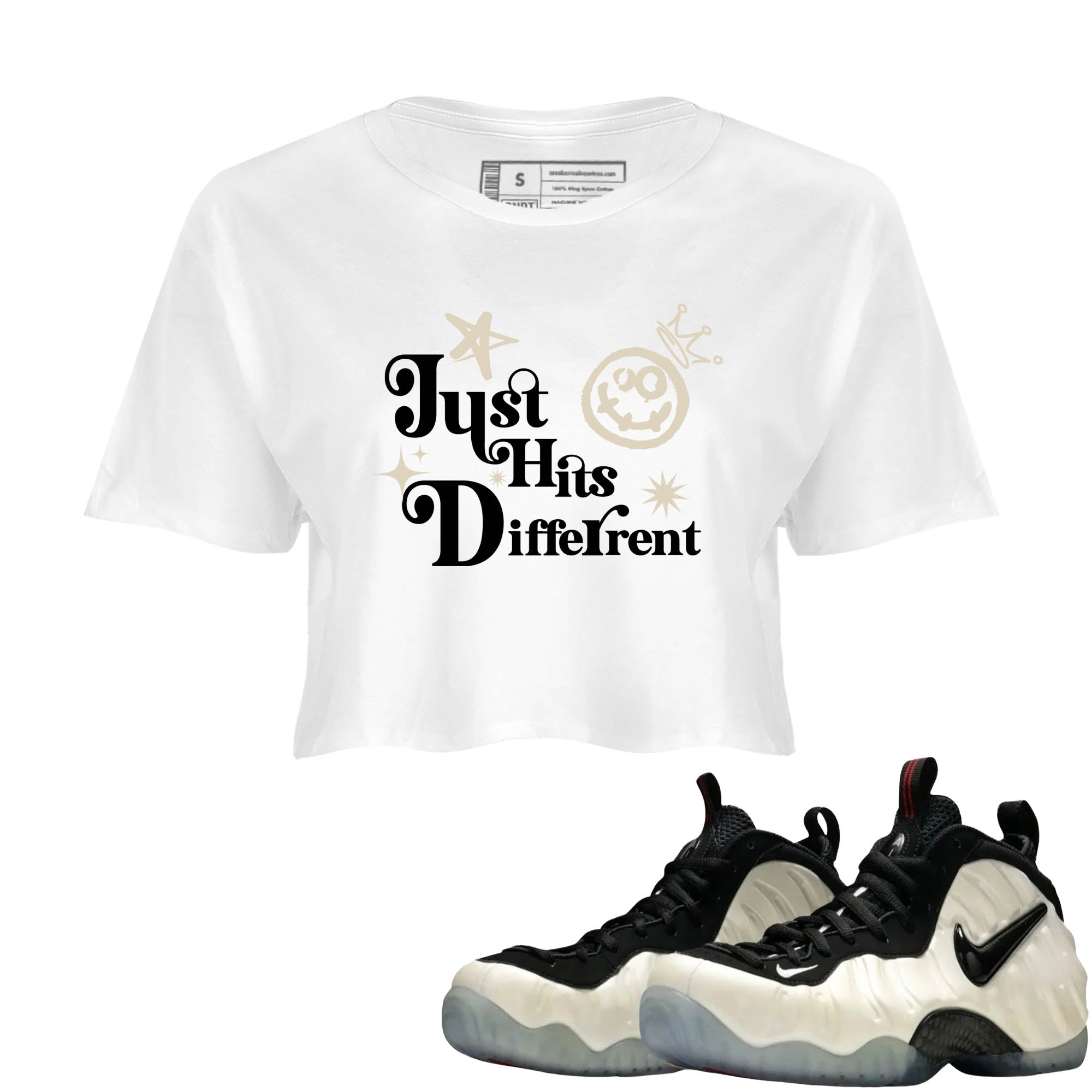 Sneaker Threads  Sneaker Tees To Match Air Foamposite One Pearl  Just Hits Different Crop Tee White 1. Perfect for Jordan releases 2025 colorways.