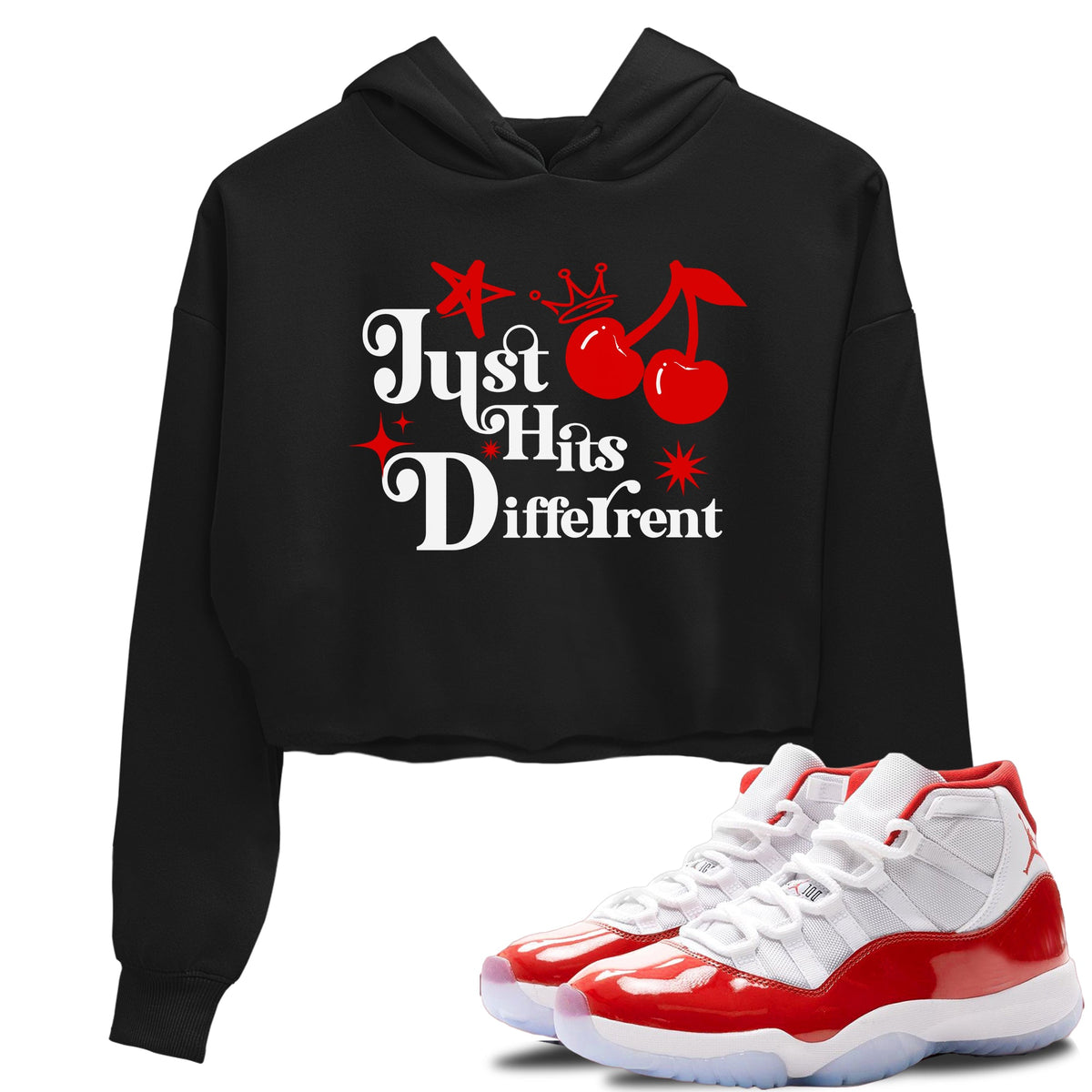 11s Cherry shirts to match jordans Just Hits Different sneaker match tees Air Jordan 11 Retro Cherry match shoes to clothes Drip Gear Zone unisex cotton Black 1 crop tee